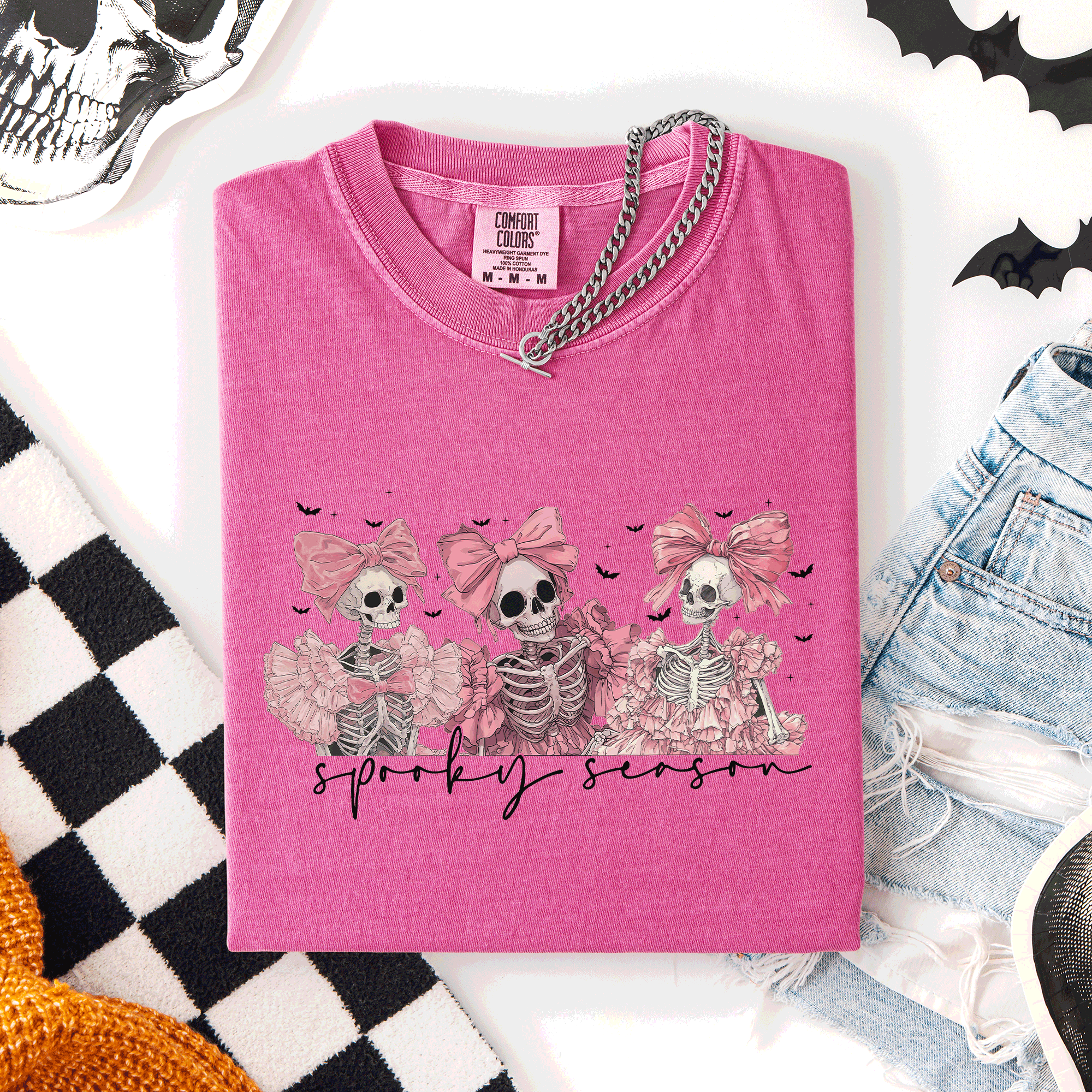 Spooky Season Skeletons Coquette Ribbon Bows Halloween Graphic Comfort Colors Tee