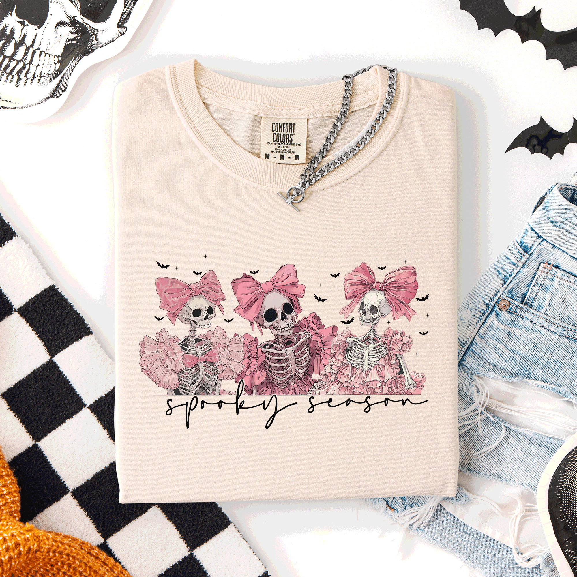 Spooky Season Skeletons Coquette Ribbon Bows Halloween Graphic Comfort Colors Tee