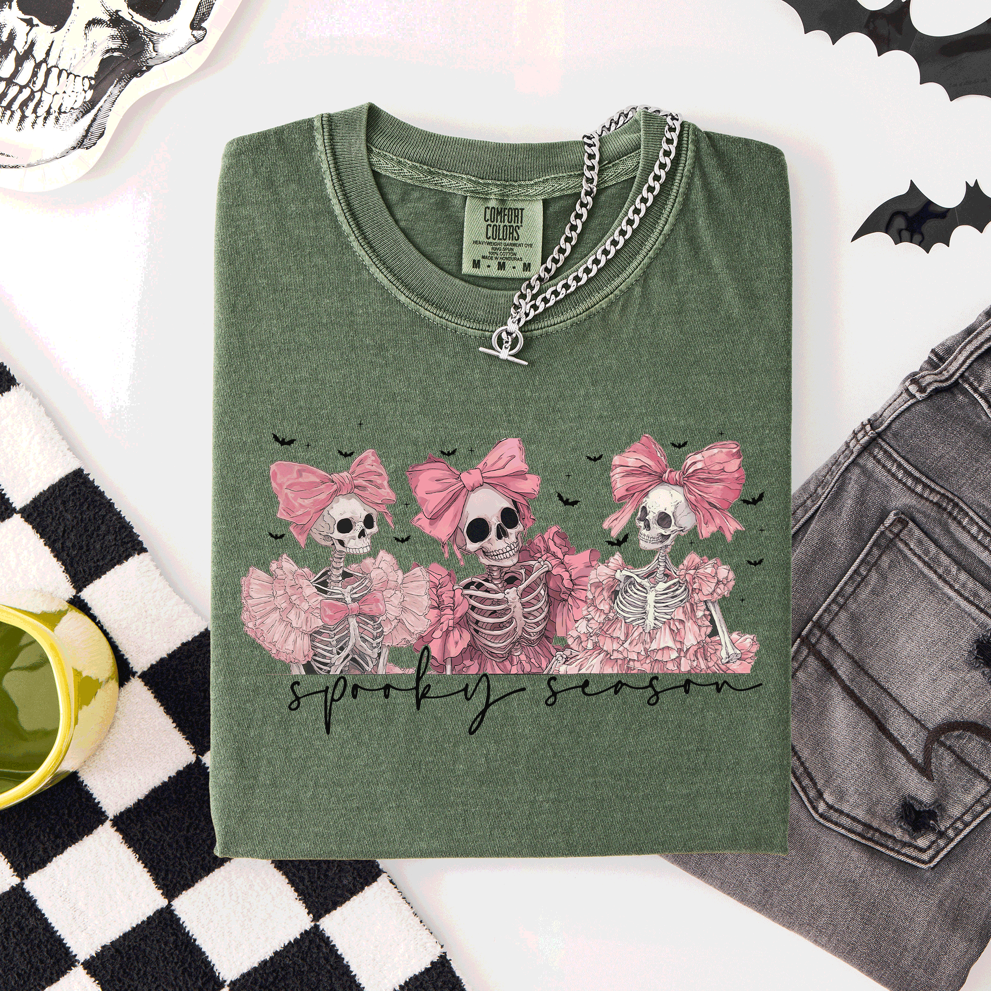Spooky Season Skeletons Coquette Ribbon Bows Halloween Graphic Comfort Colors Tee