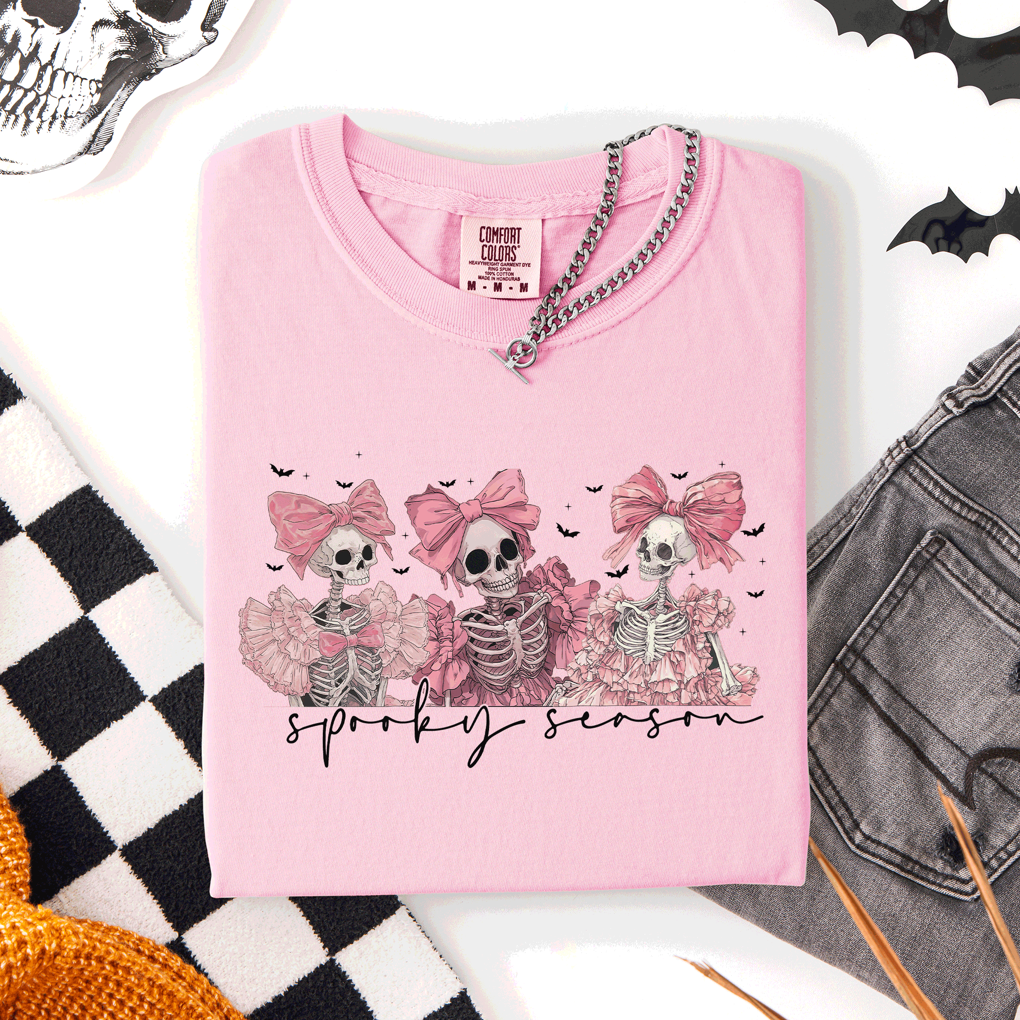 Spooky Season Skeletons Coquette Ribbon Bows Halloween Graphic Comfort Colors Tee