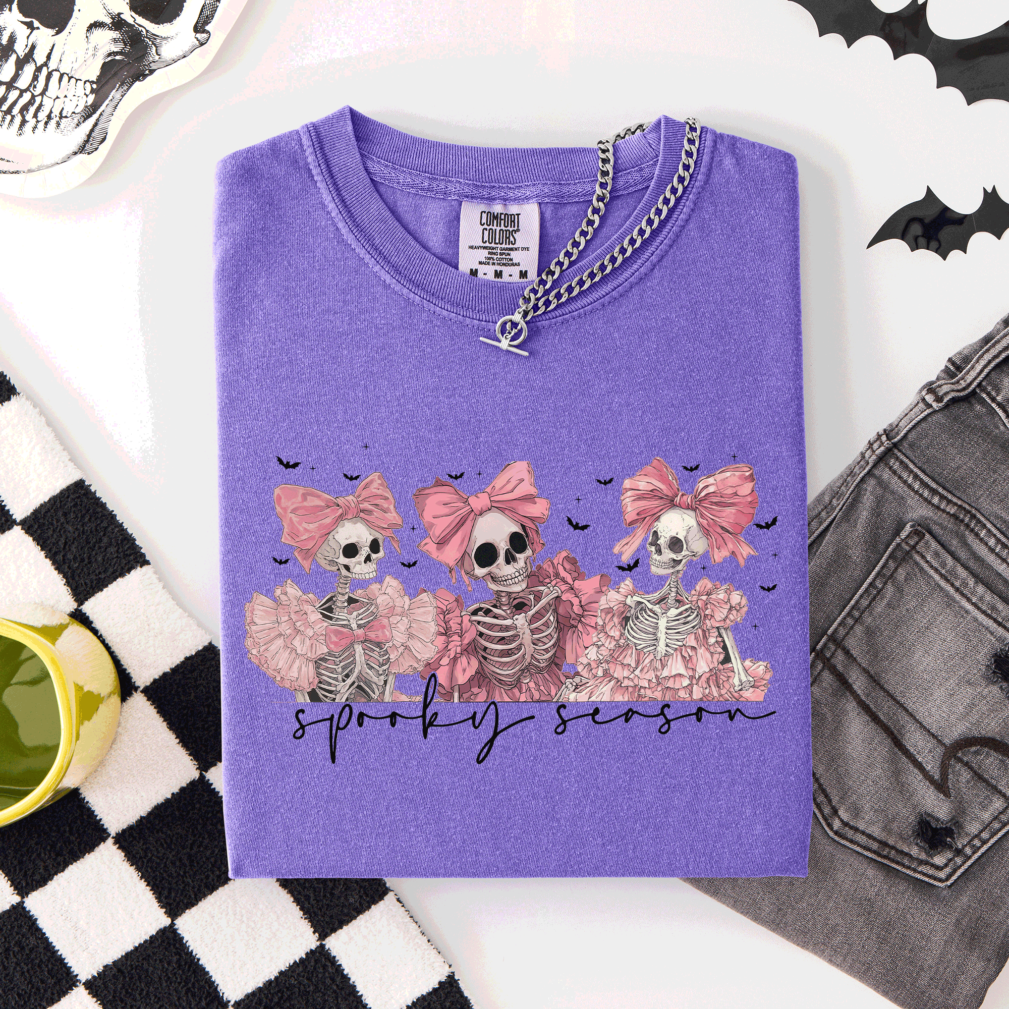 Spooky Season Skeletons Coquette Ribbon Bows Halloween Graphic Comfort Colors Tee