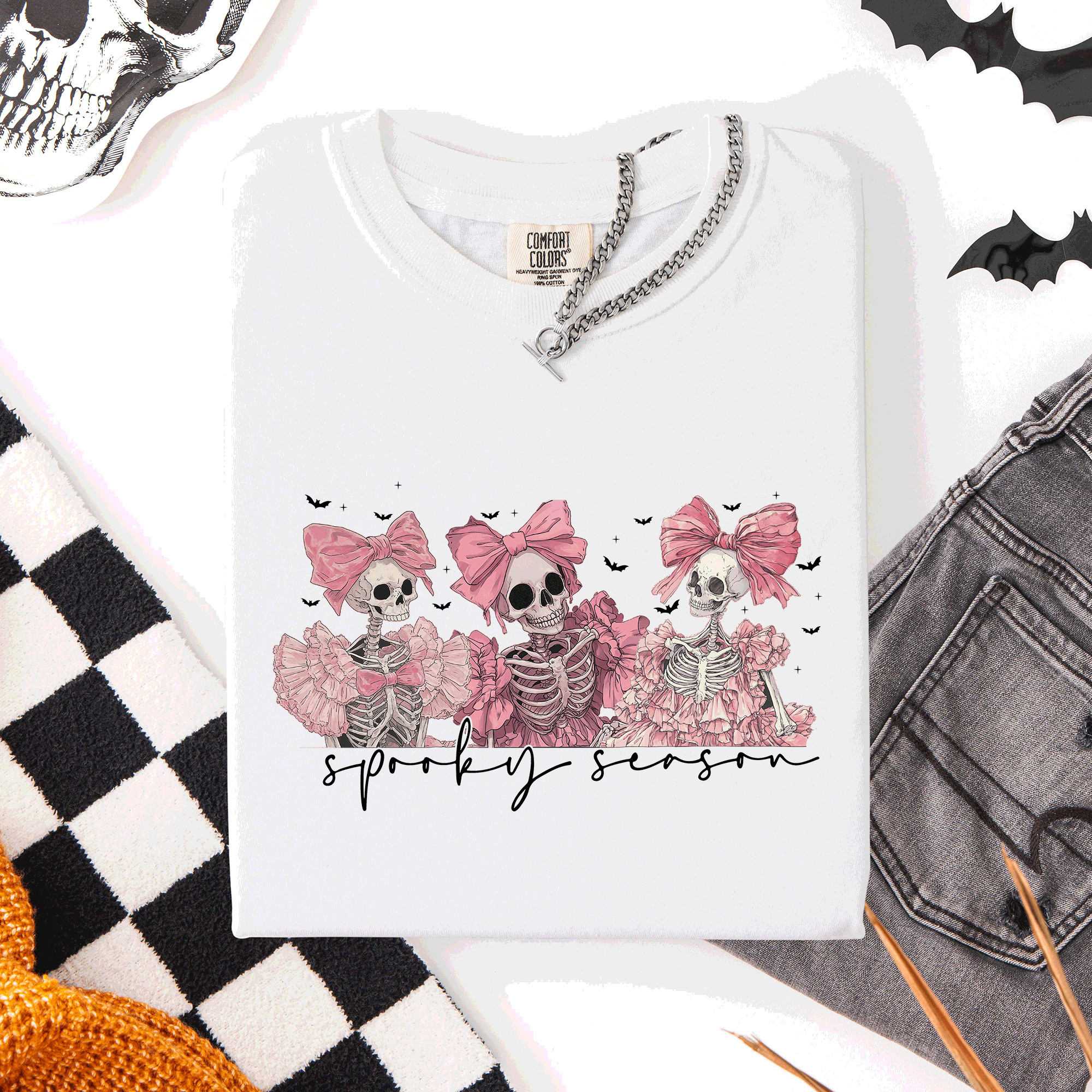 Spooky Season Skeletons Coquette Ribbon Bows Halloween Graphic Comfort Colors Tee