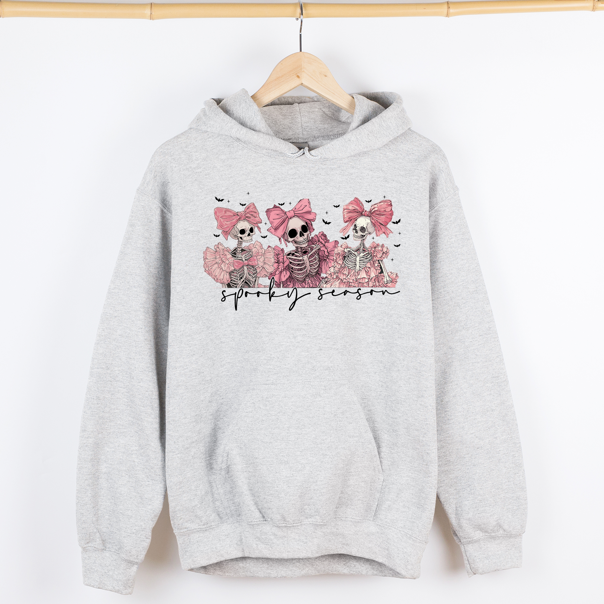 Spooky Season Pink Skeletons Cute Coquette Ribbon Bows Halloween Graphic Hooded Sweatshirt