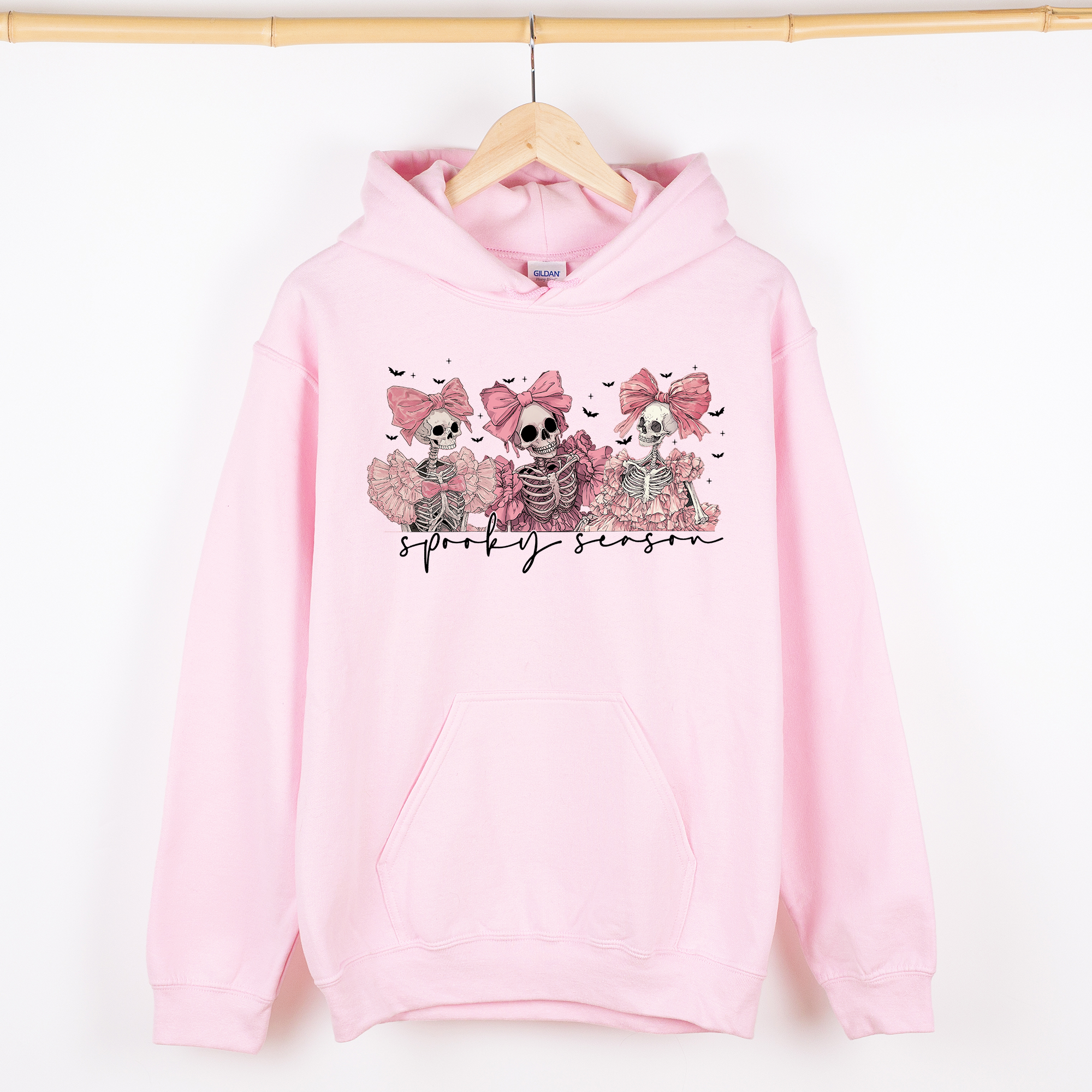 Spooky Season Pink Skeletons Cute Coquette Ribbon Bows Halloween Graphic Hooded Sweatshirt