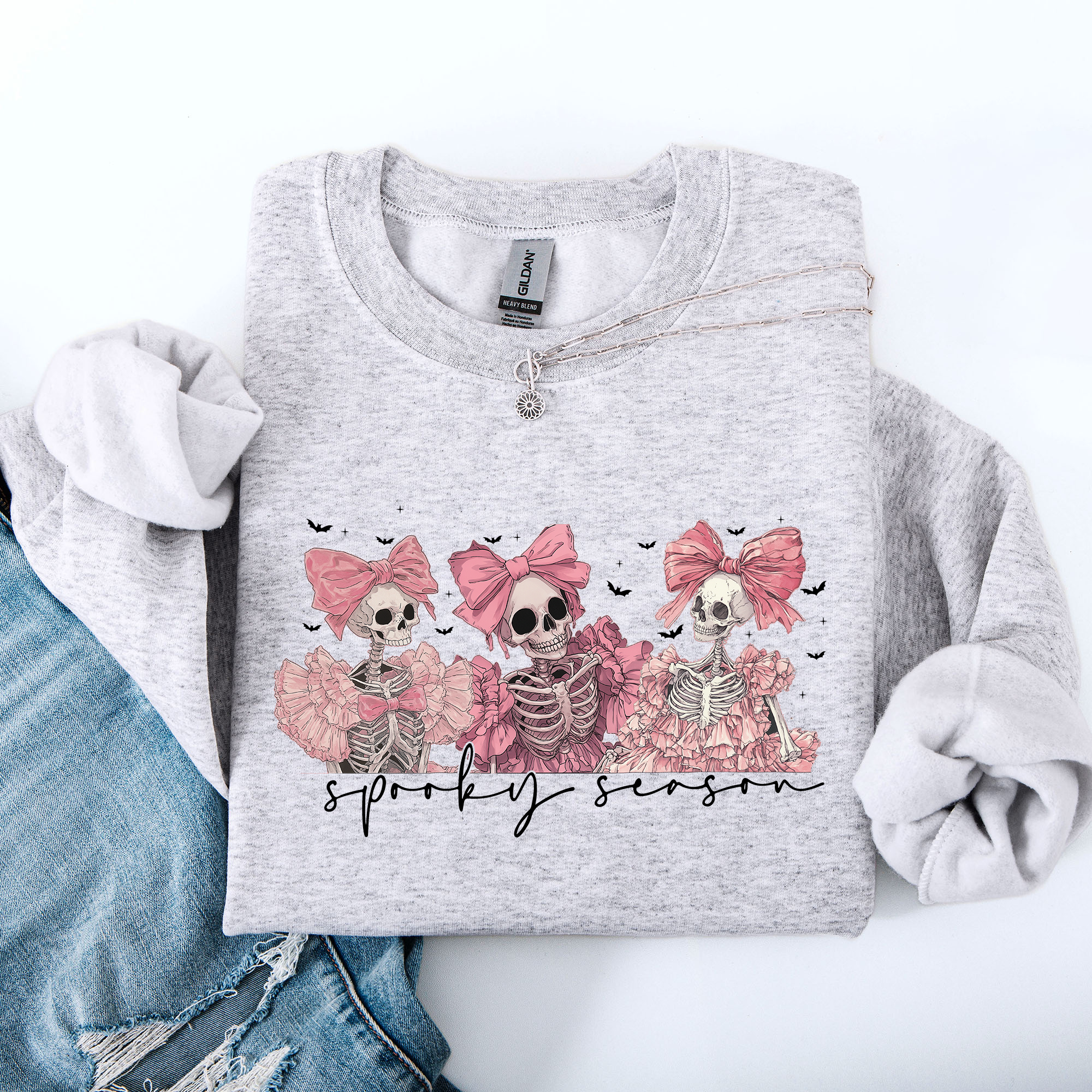 Spooky Season Pink Skeletons Coquette Ribbon Bows Halloween Gothic Whimsy Sweatshirt