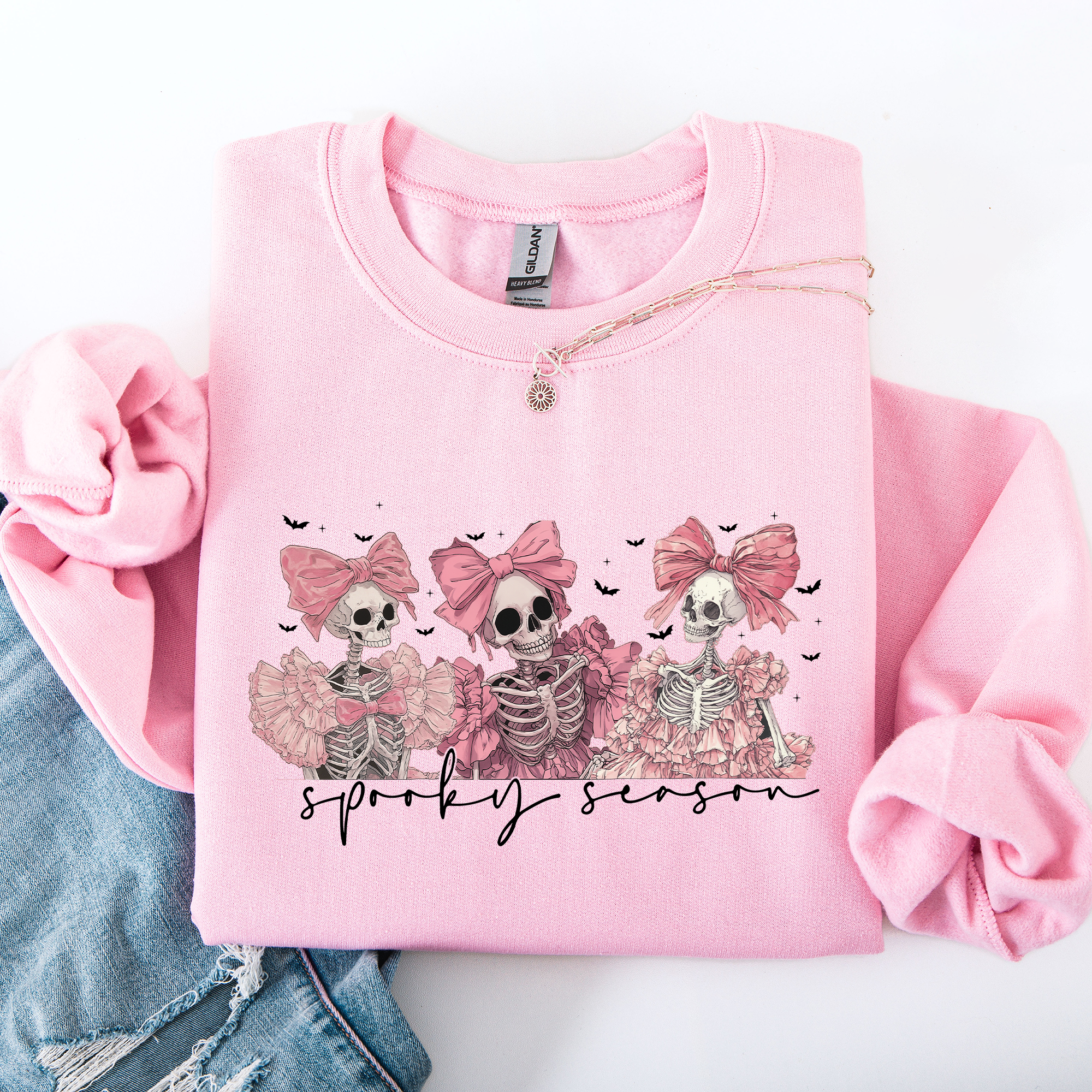 Spooky Season Pink Skeletons Coquette Ribbon Bows Halloween Gothic Whimsy Sweatshirt