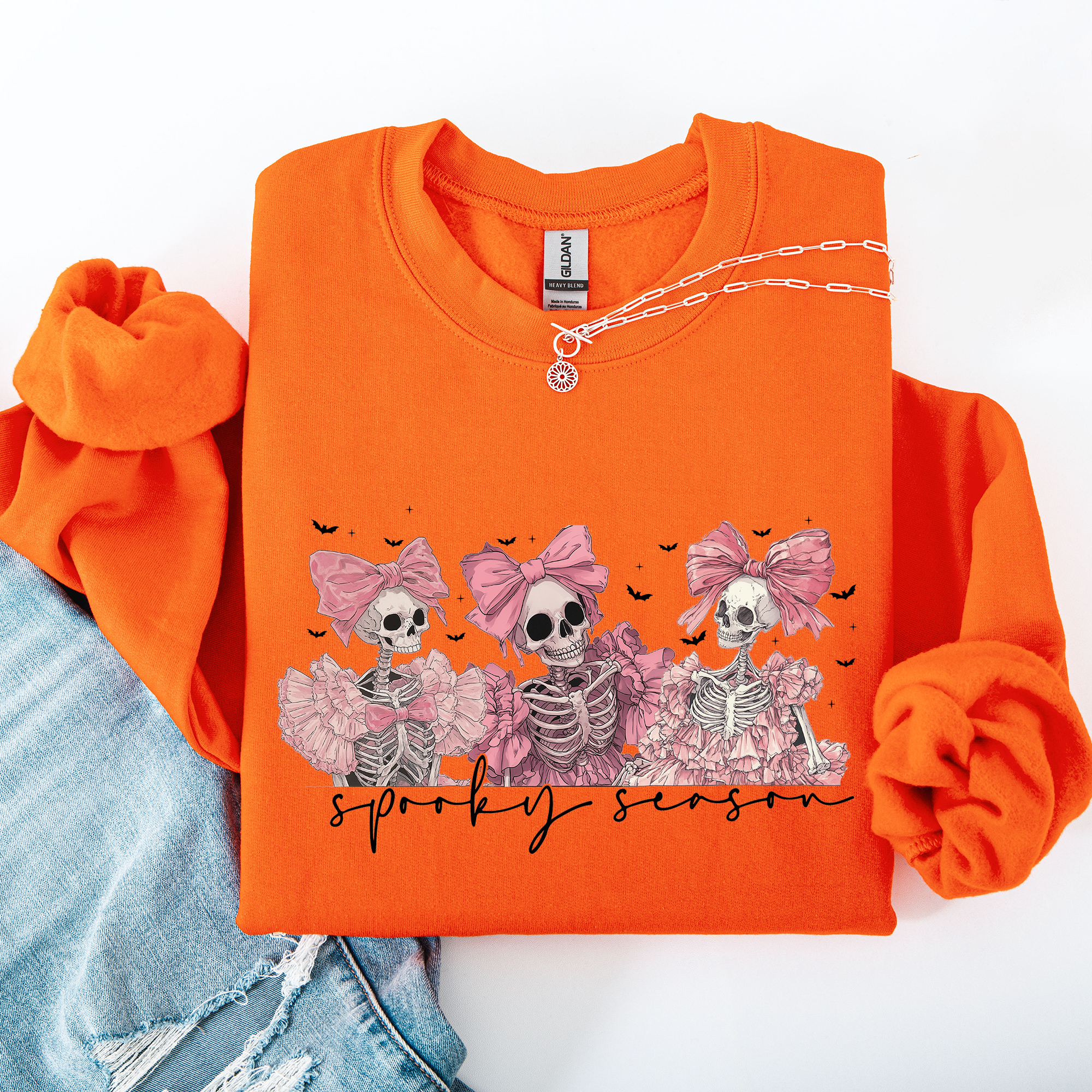 Spooky Season Pink Skeletons Coquette Ribbon Bows Halloween Gothic Whimsy Sweatshirt