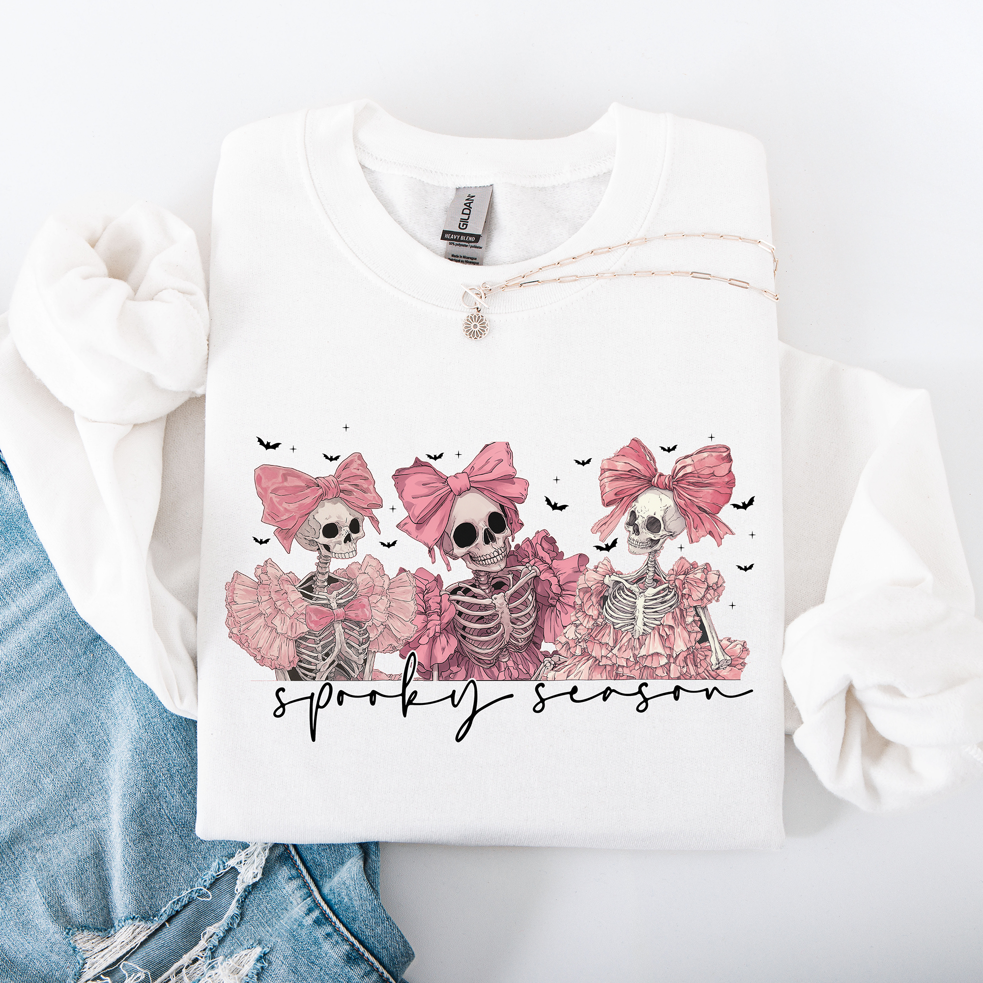 Spooky Season Pink Skeletons Coquette Ribbon Bows Halloween Gothic Whimsy Sweatshirt