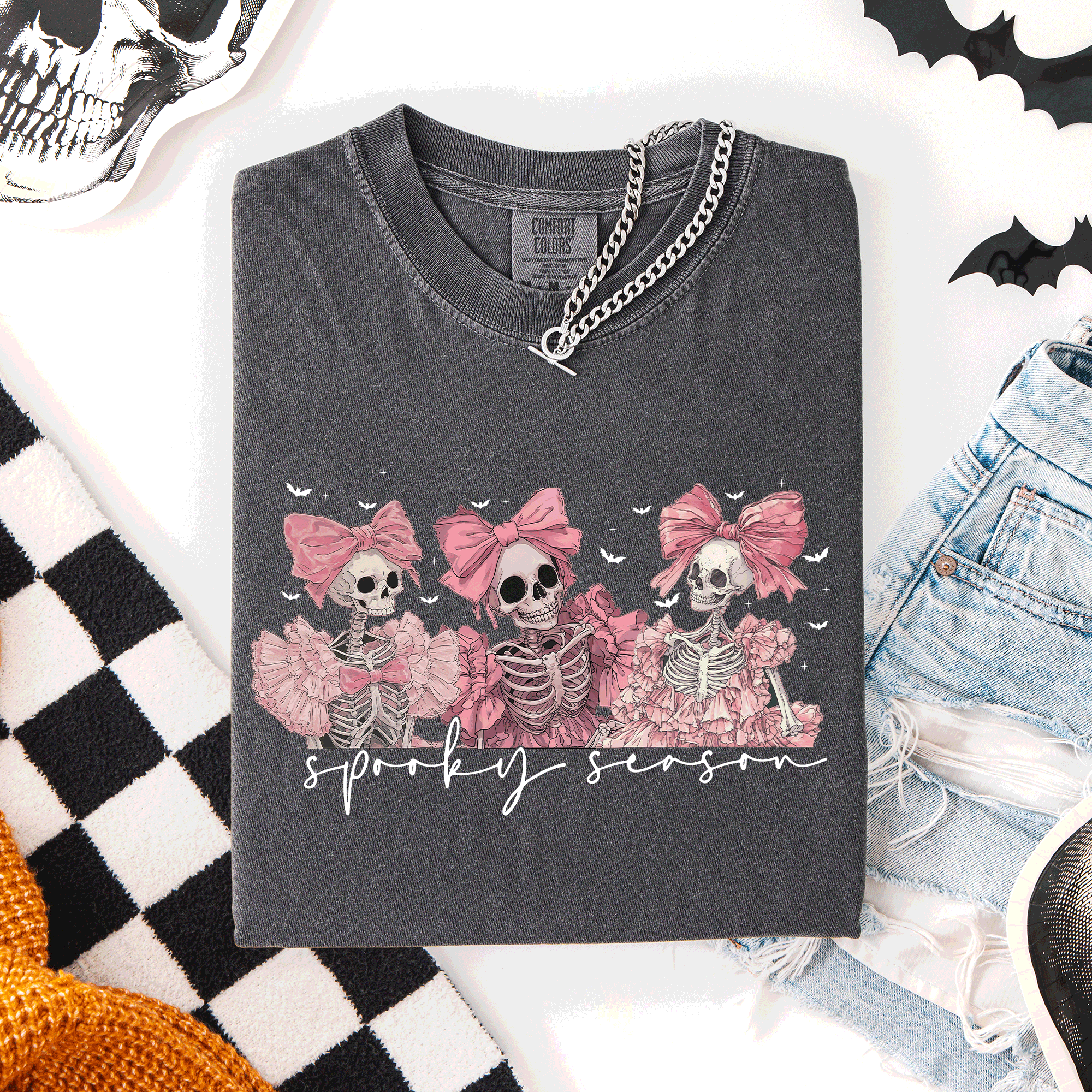 Spooky Season Skeletons Coquette Ribbon Bows Halloween Graphic Comfort Colors Tee