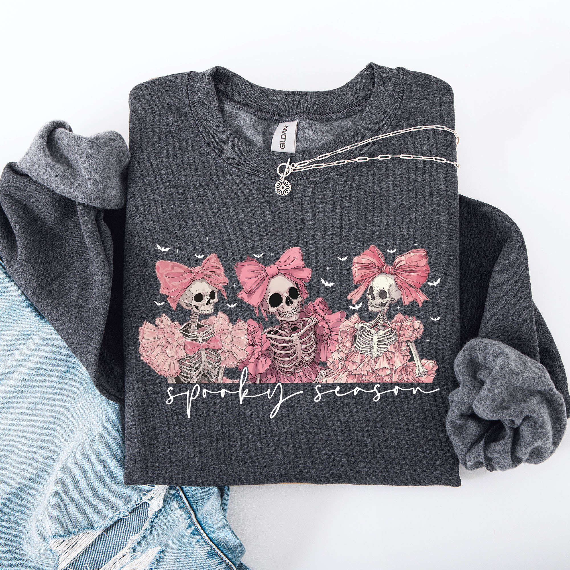 Spooky Season Pink Skeletons Coquette Ribbon Bows Halloween Gothic Whimsy Sweatshirt