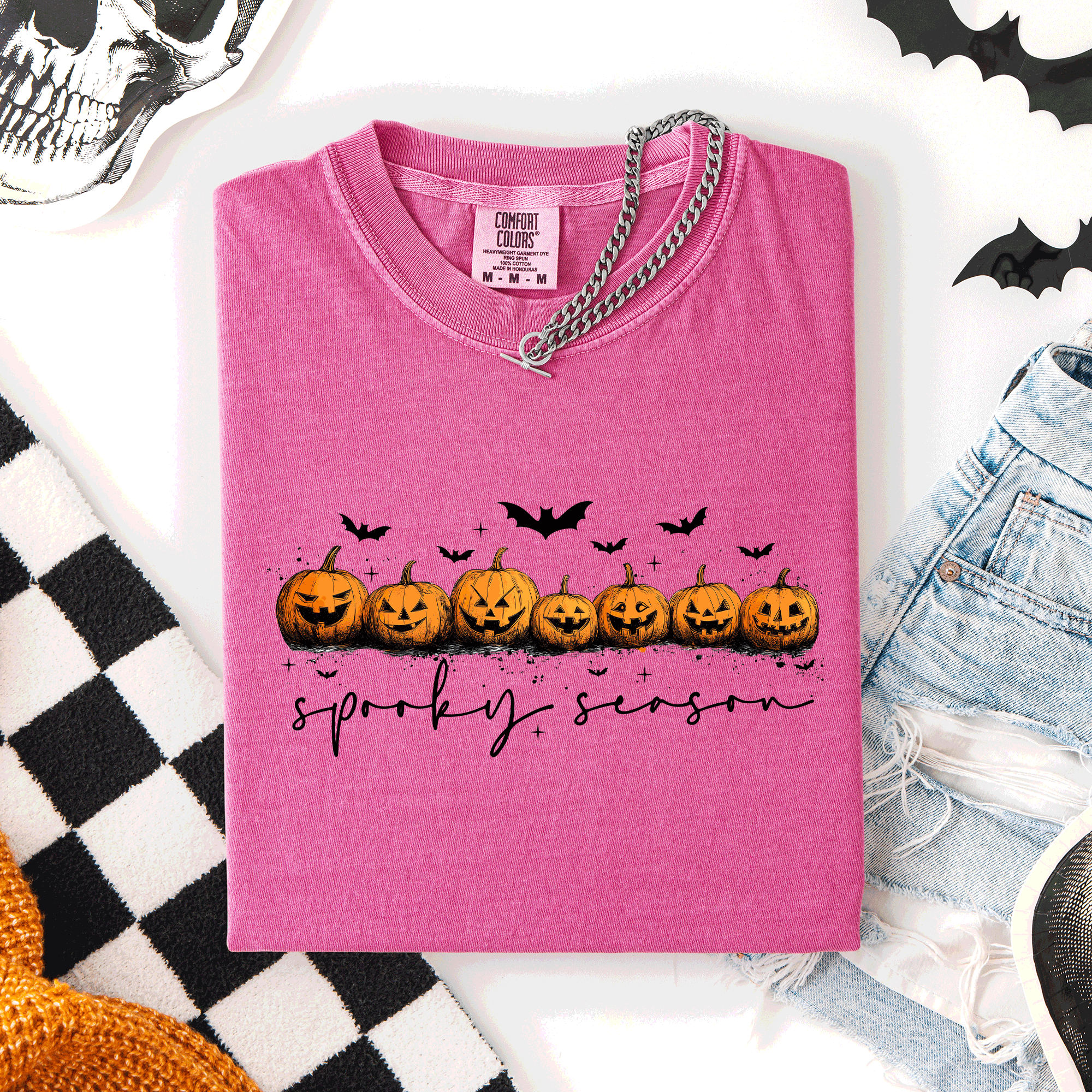 Spooky Season Pumpkins Halloween Pink Skeletons With Bow Adornments Comfort Colors Tee