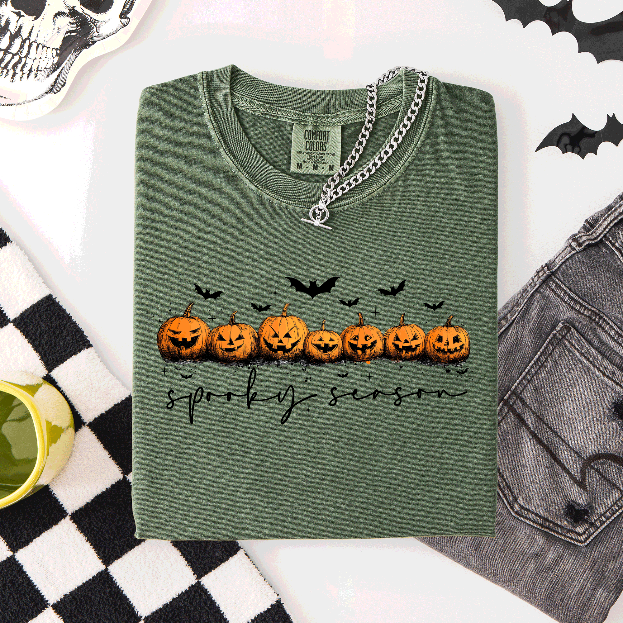 Spooky Season Pumpkins Halloween Pink Skeletons With Bow Adornments Comfort Colors Tee