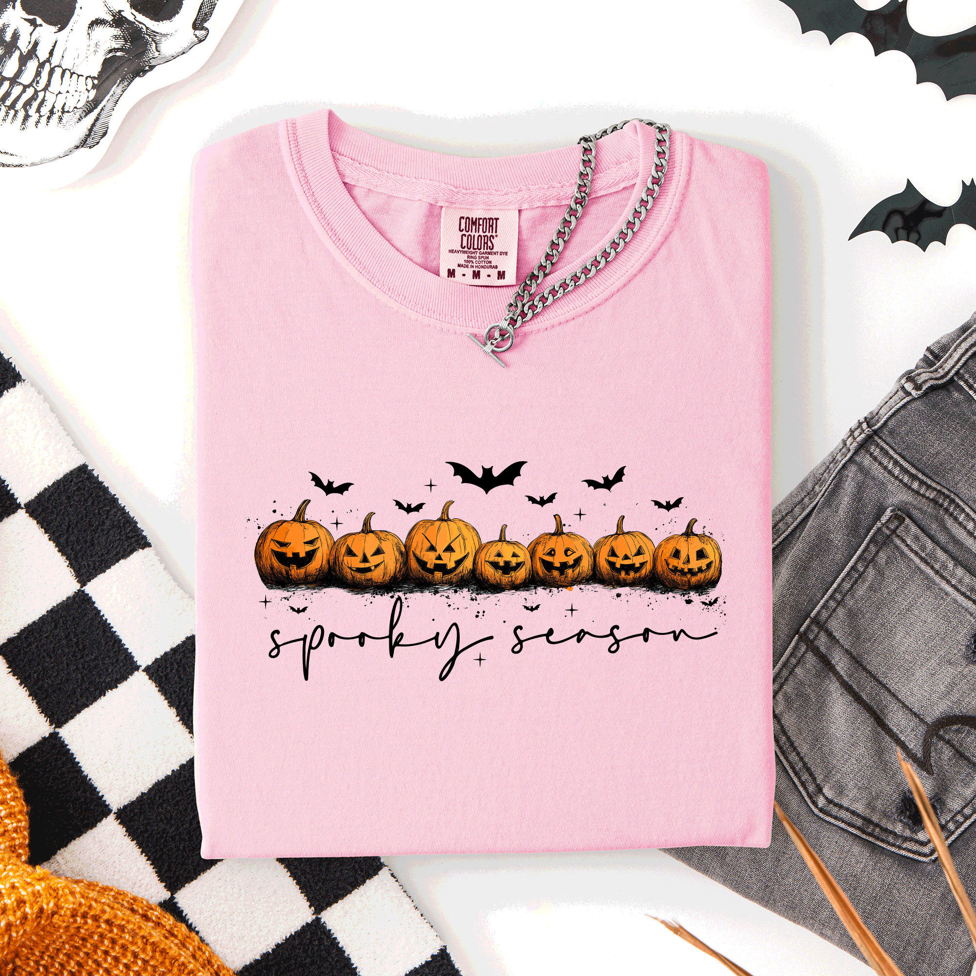 Spooky Season Pumpkins Halloween Pink Skeletons With Bow Adornments Comfort Colors Tee