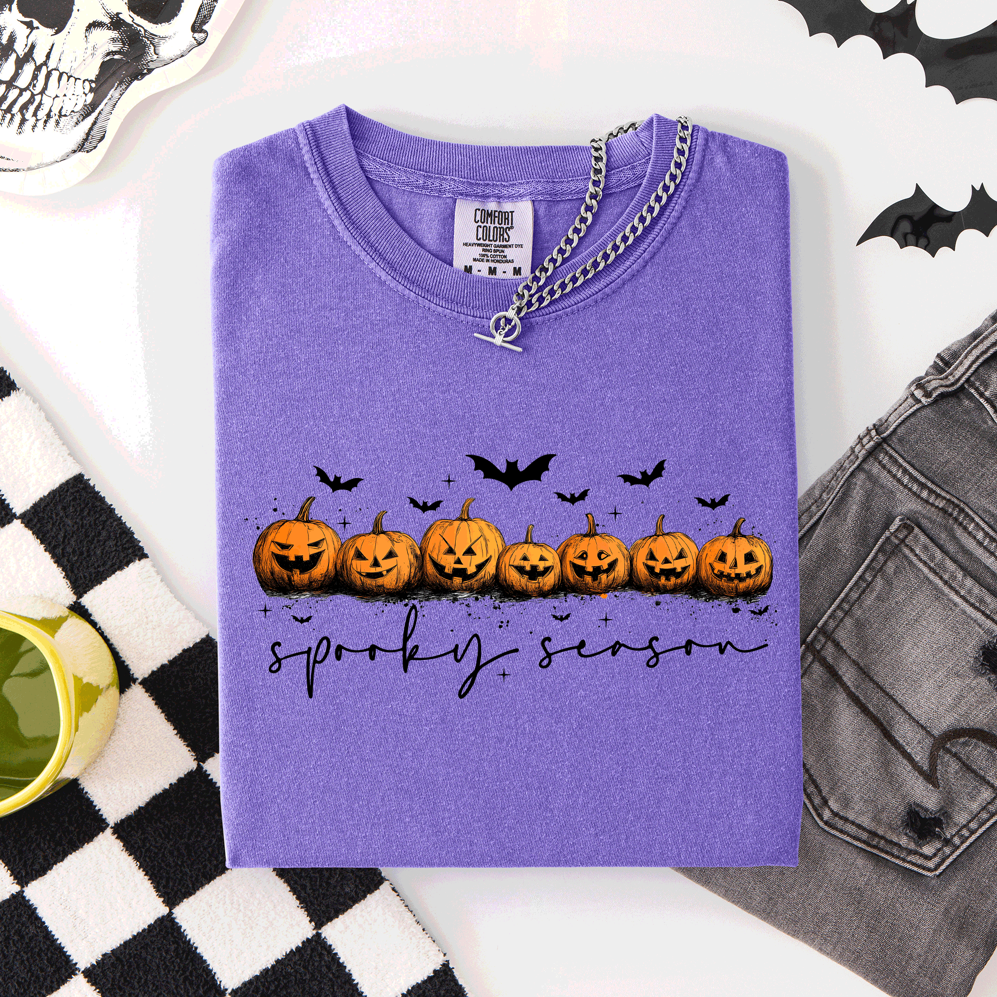Spooky Season Pumpkins Halloween Pink Skeletons With Bow Adornments Comfort Colors Tee