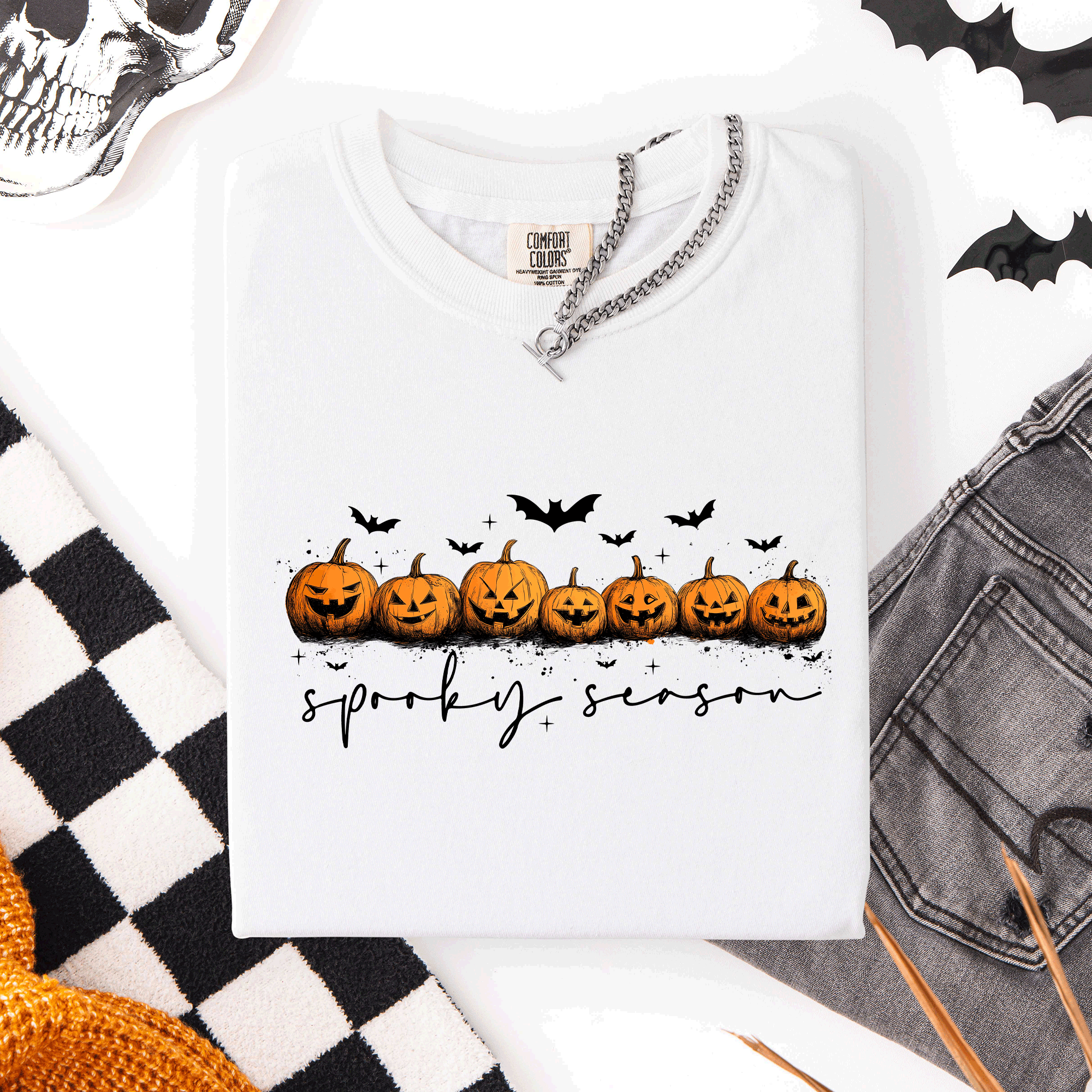 Spooky Season Pumpkins Halloween Pink Skeletons With Bow Adornments Comfort Colors Tee