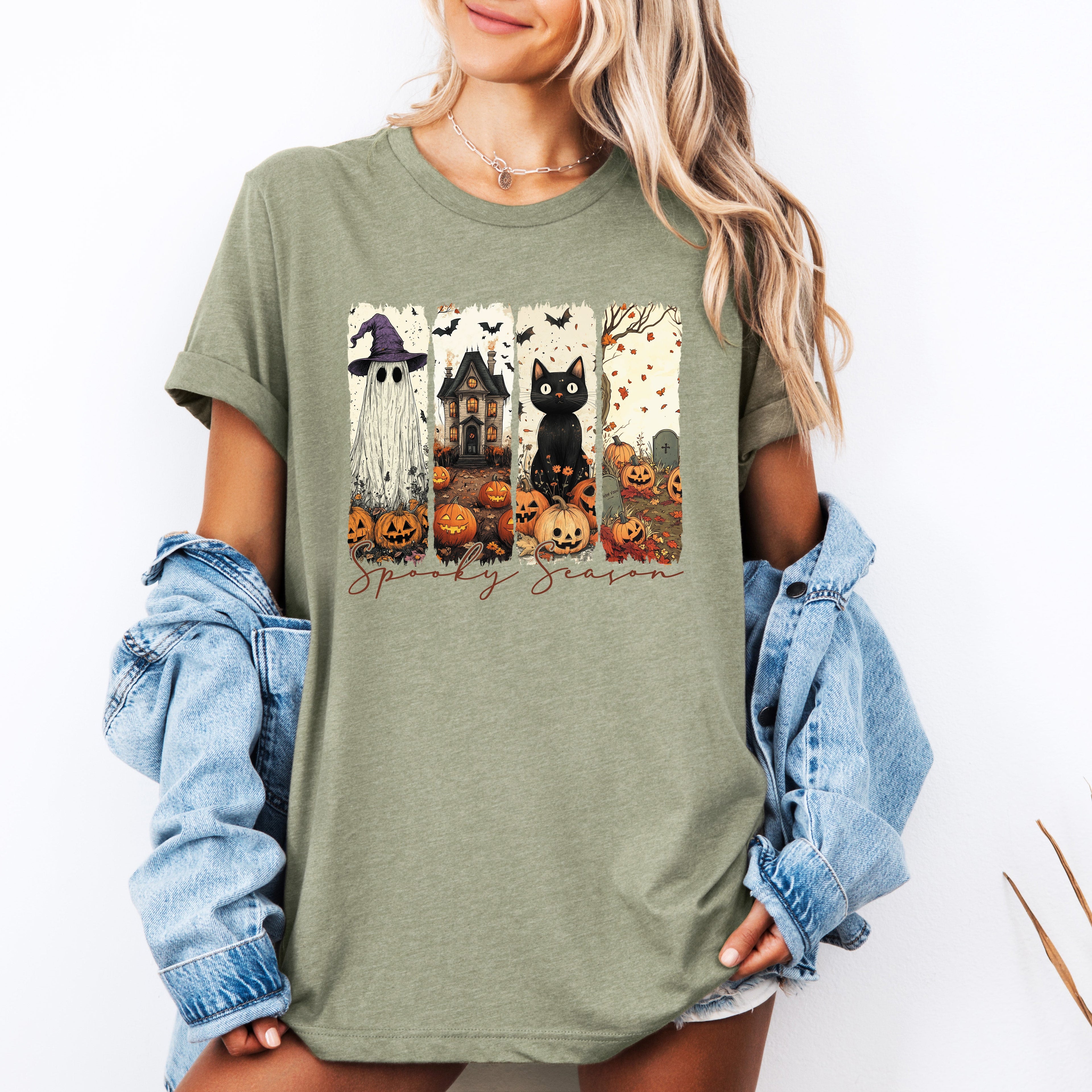 Spooky Season Stripes Halloween Cats Ghosts Pumpkins Autumn Whimsical Graphic Tee