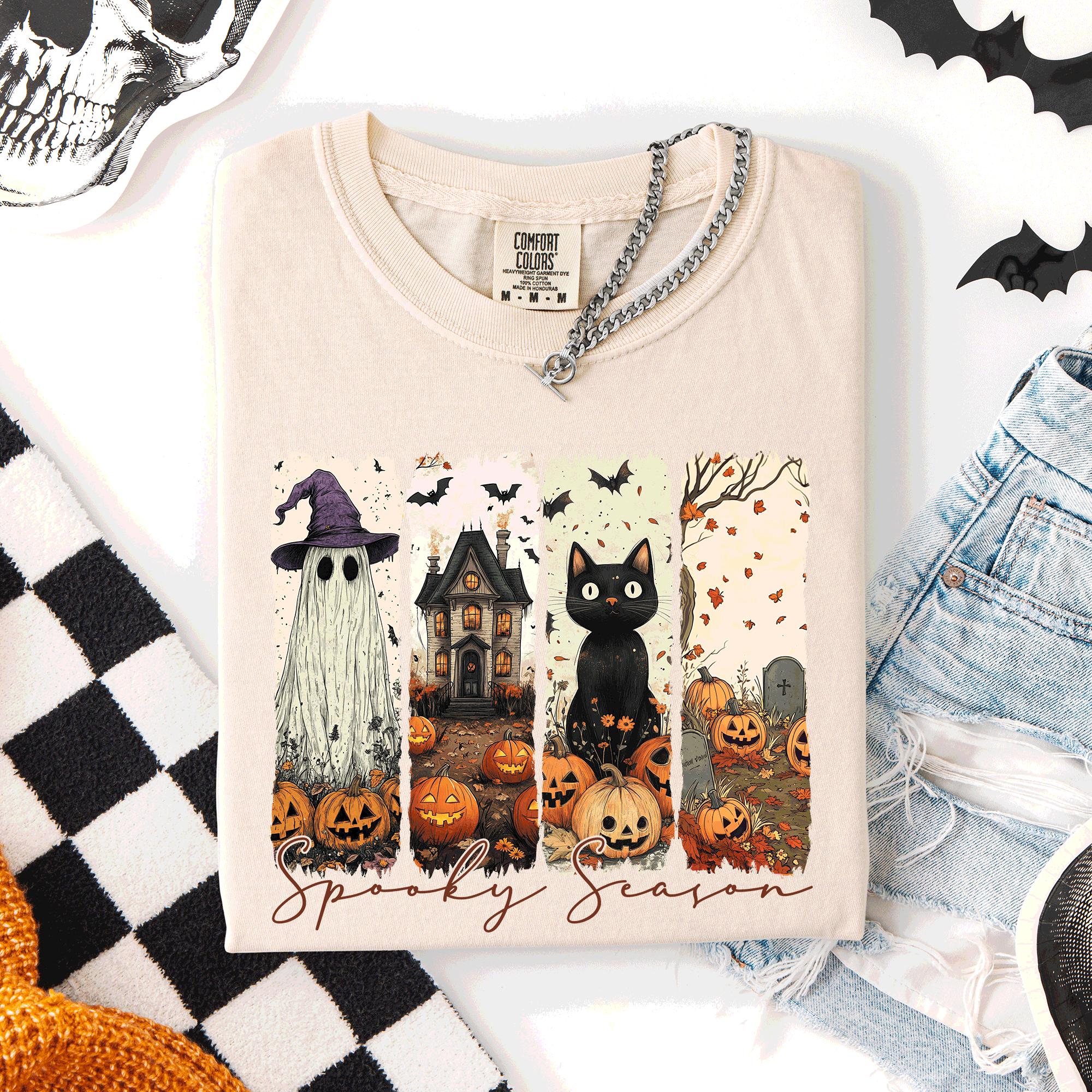 Spooky Season Stripes Halloween Cat Ghost Pumpkins Autumn Fall Comfort Colors Tee