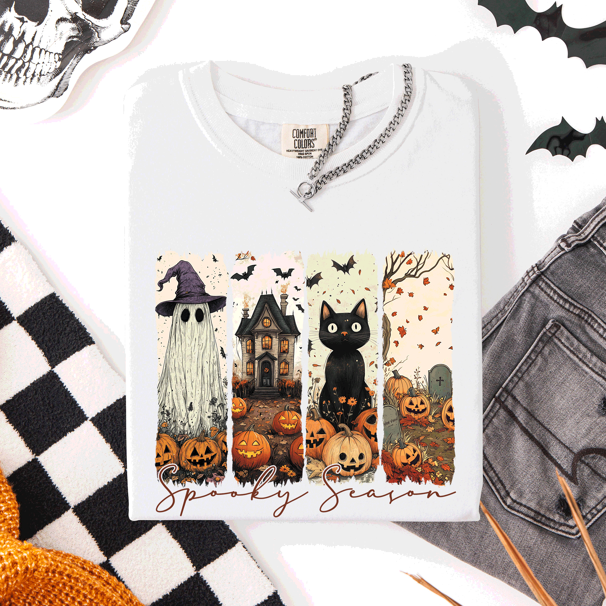 Spooky Season Stripes Halloween Cat Ghost Pumpkins Autumn Fall Comfort Colors Tee