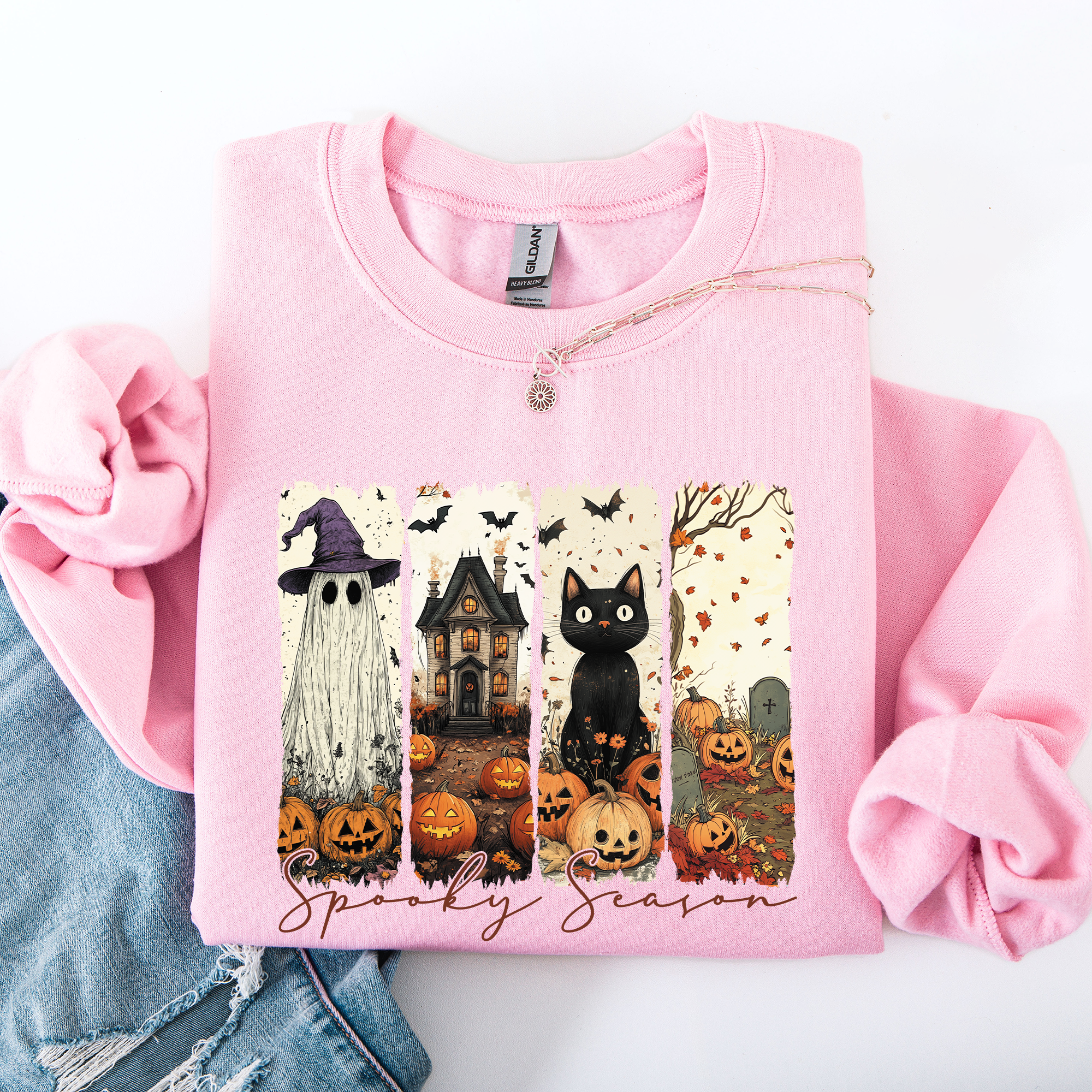 Spooky Season Striped Halloween Cat Ghost Pumpkins Autumn Cozy Classic Sweatshirt