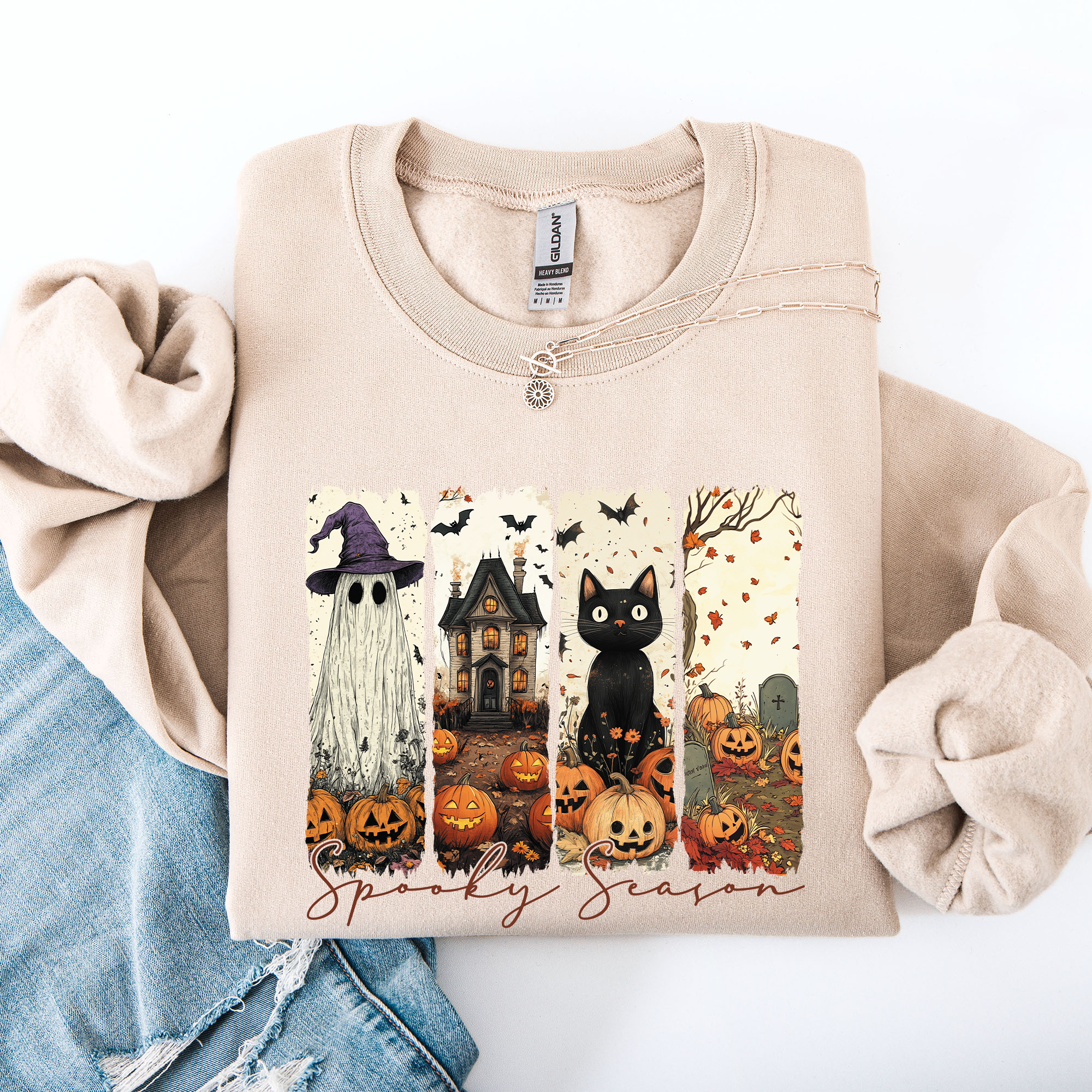 Spooky Season Striped Halloween Cat Ghost Pumpkins Autumn Cozy Classic Sweatshirt