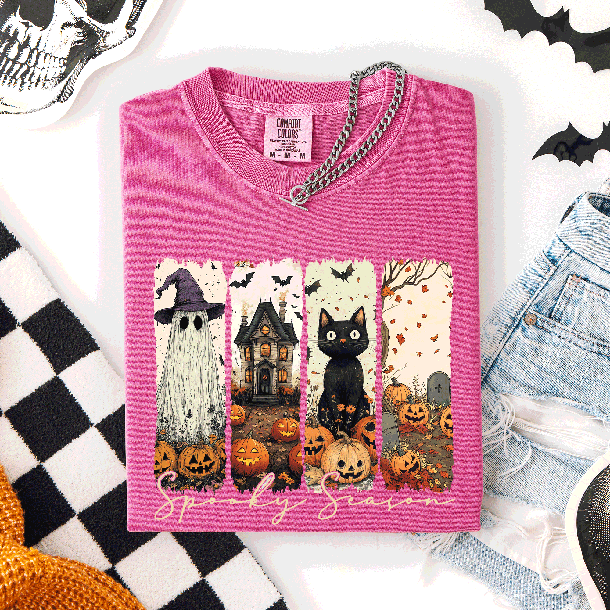 Spooky Season Stripes Halloween Cat Ghost Pumpkins Autumn Fall Comfort Colors Tee