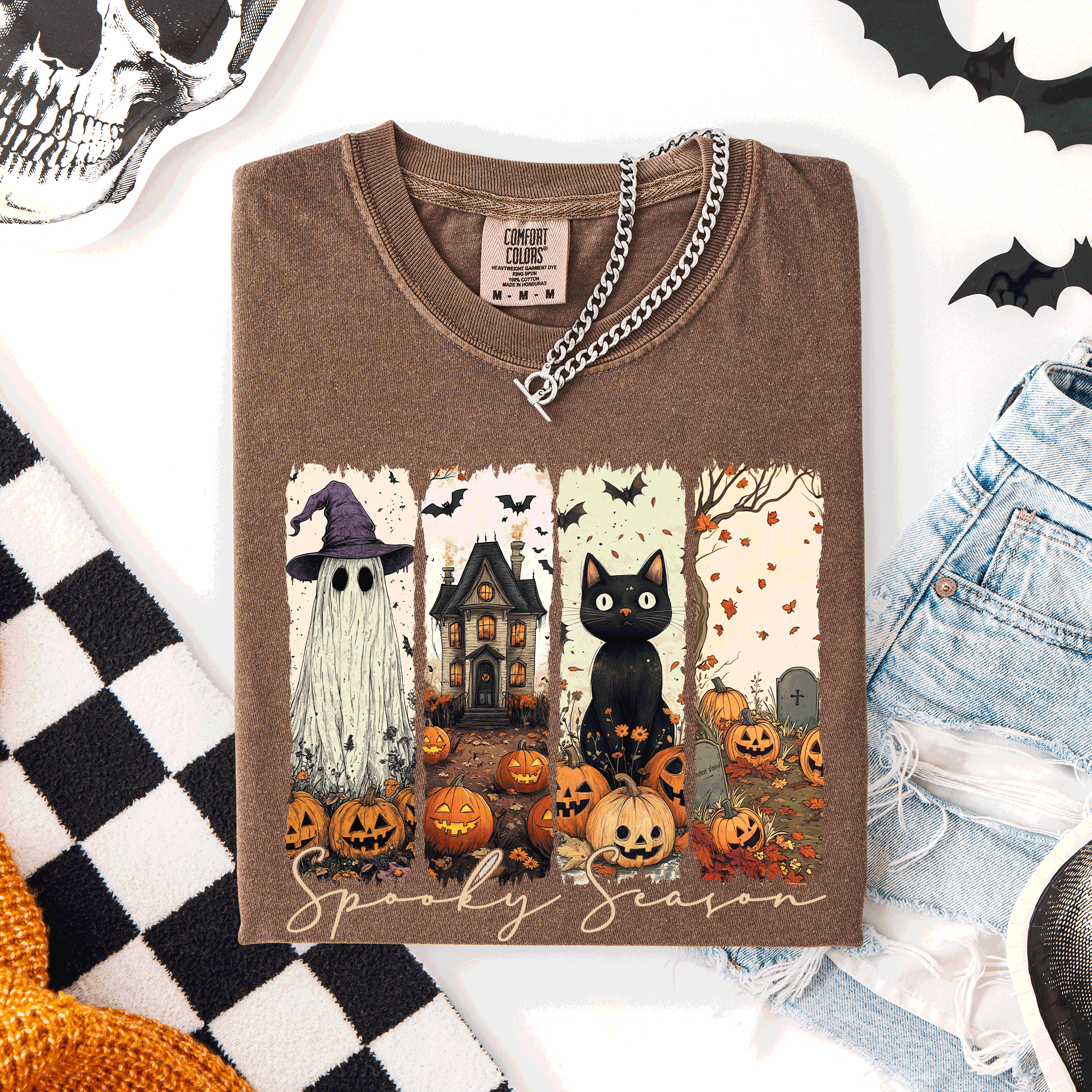 Spooky Season Stripes Halloween Cat Ghost Pumpkins Autumn Fall Comfort Colors Tee