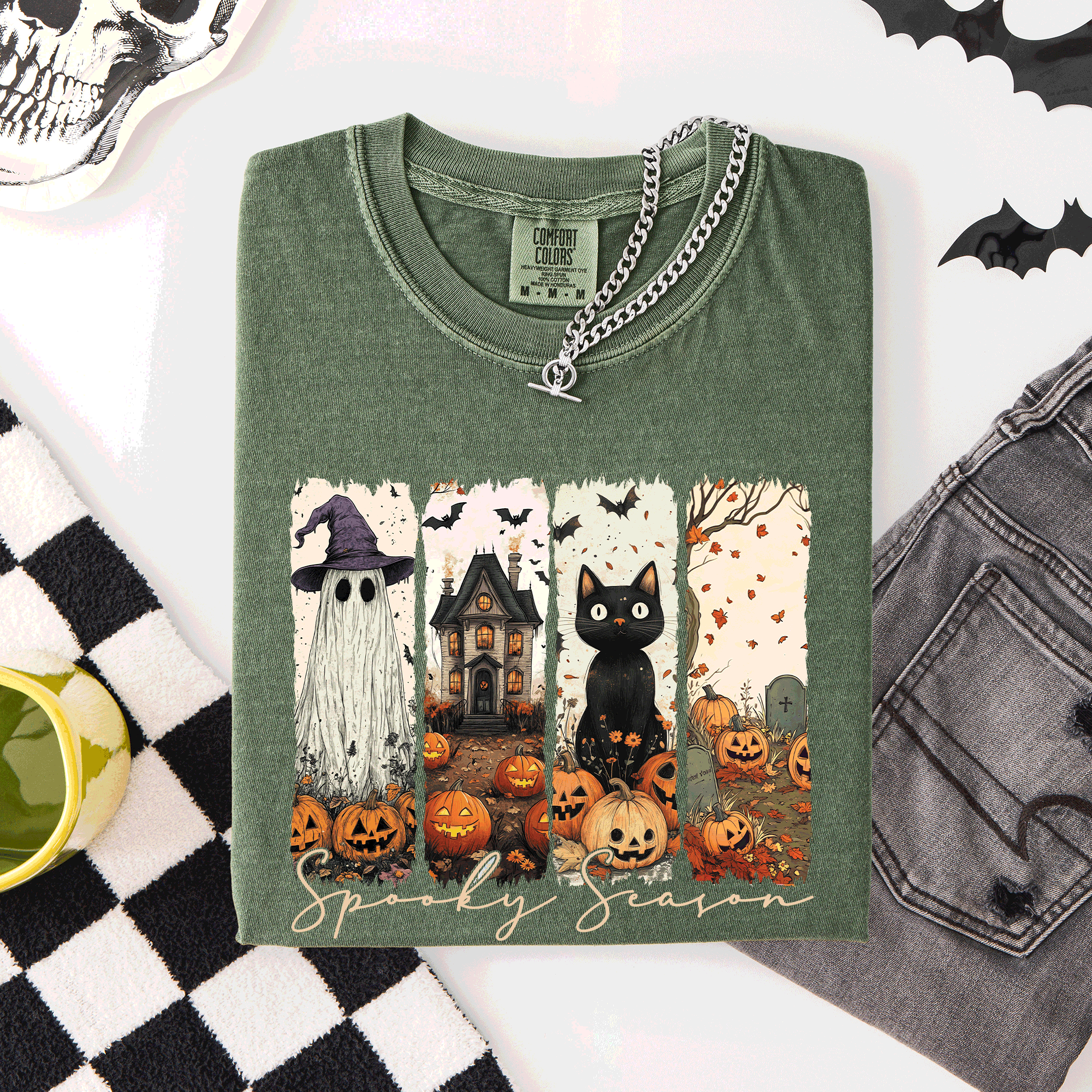 Spooky Season Stripes Halloween Cat Ghost Pumpkins Autumn Fall Comfort Colors Tee