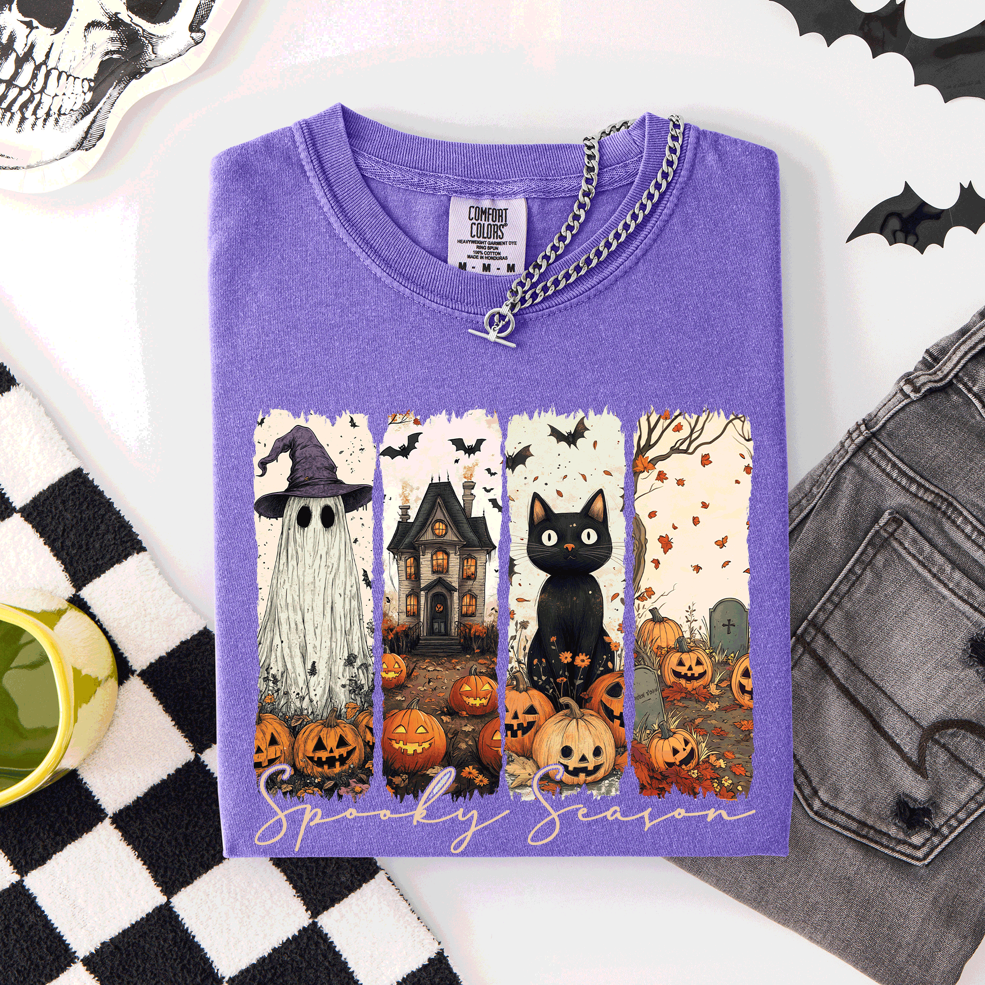 Spooky Season Stripes Halloween Cat Ghost Pumpkins Autumn Fall Comfort Colors Tee