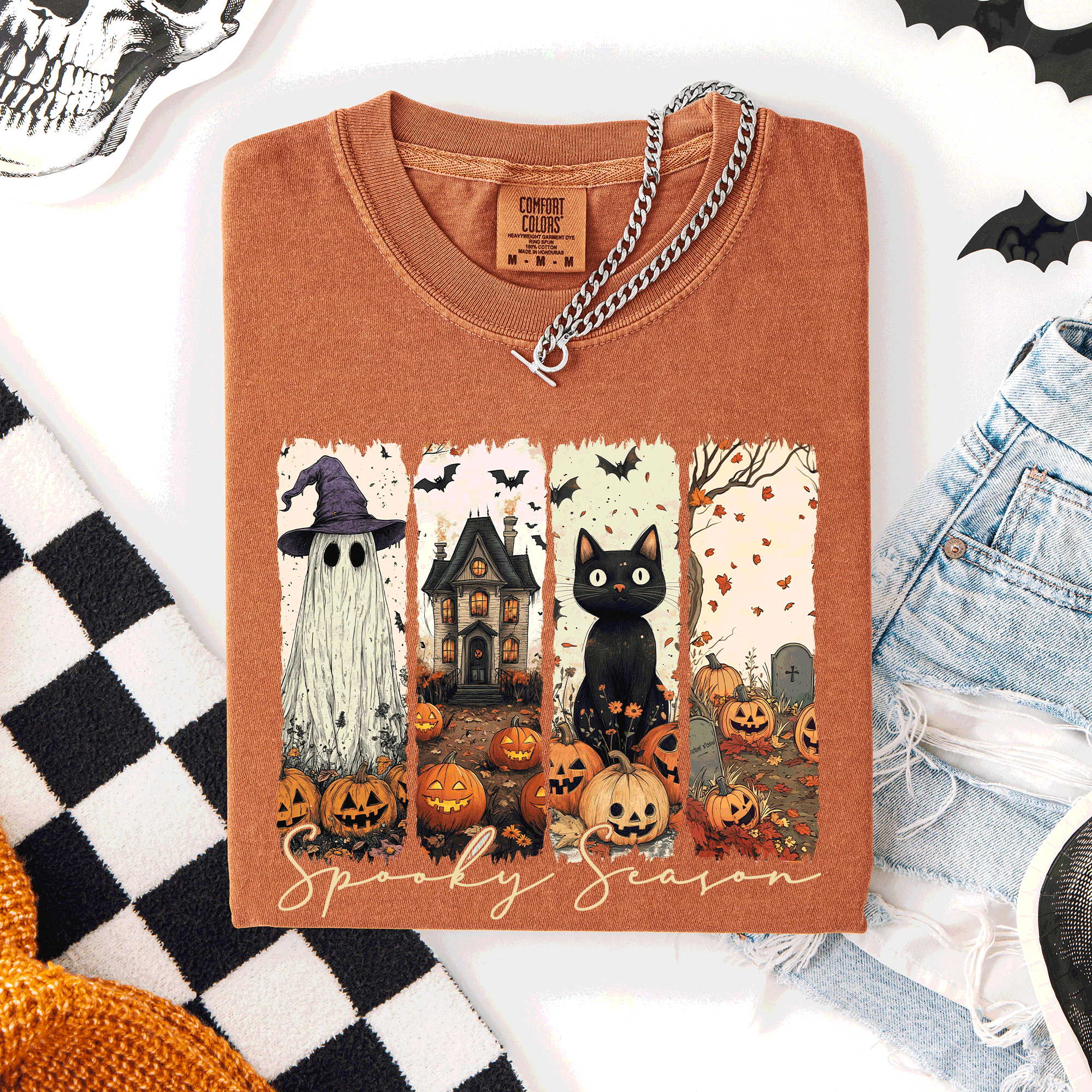 Spooky Season Stripes Halloween Cat Ghost Pumpkins Autumn Fall Comfort Colors Tee