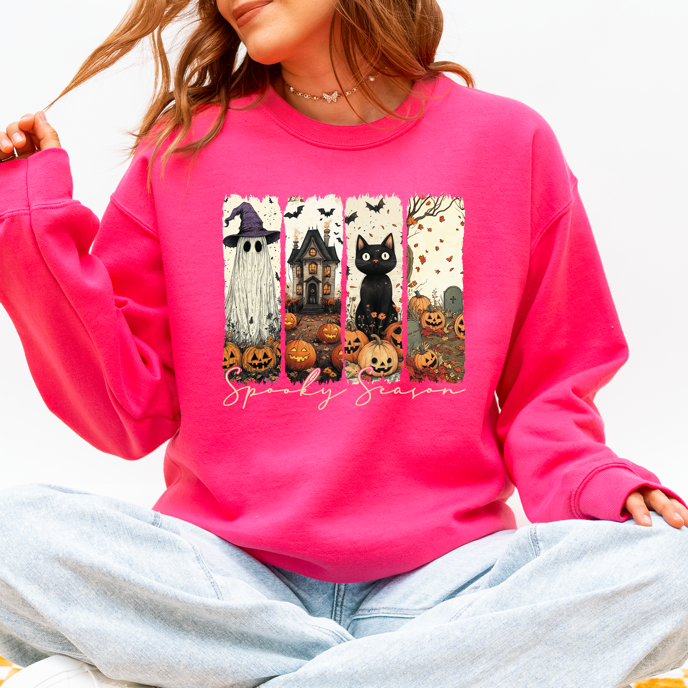 Spooky Season Striped Halloween Cat Ghost Pumpkins Autumn Cozy Classic Sweatshirt