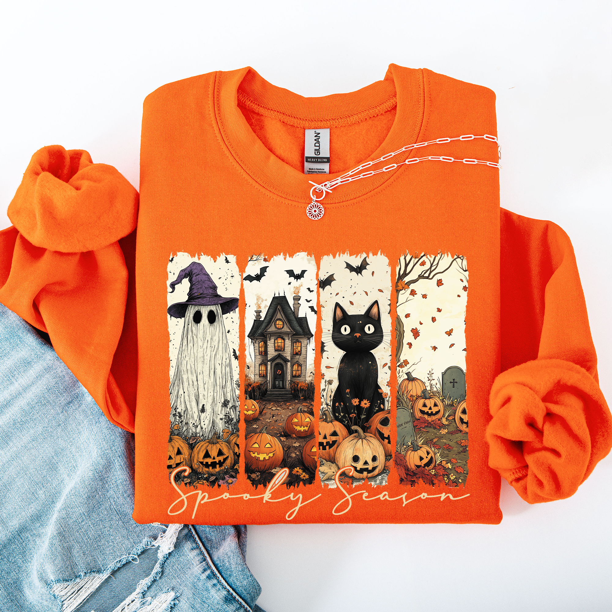 Spooky Season Striped Halloween Cat Ghost Pumpkins Autumn Cozy Classic Sweatshirt