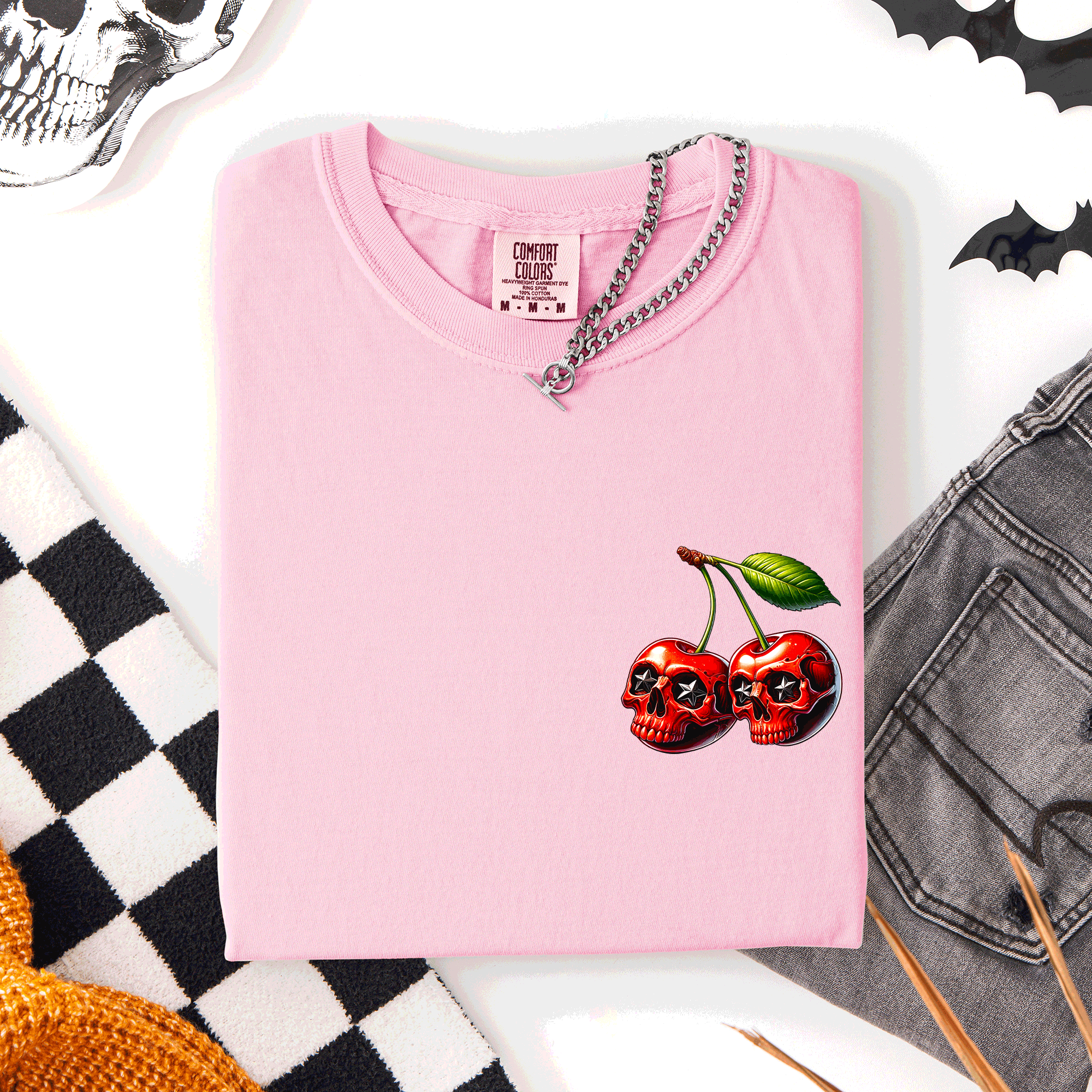 Spooky Skull Cherries Halloween Skeleton Stars Whimsical Night Sky Comfort Colors Tee