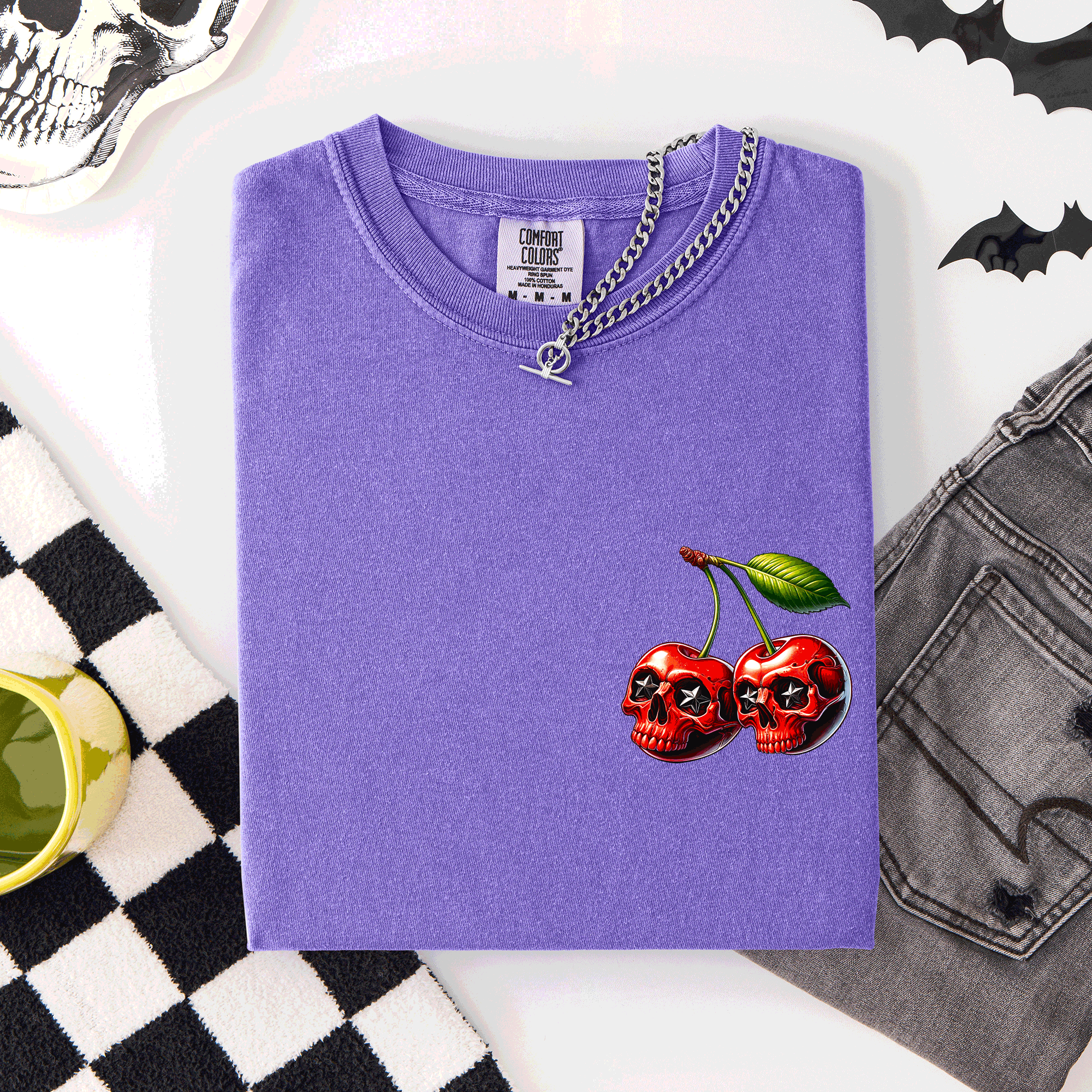 Spooky Skull Cherries Halloween Skeleton Stars Whimsical Night Sky Comfort Colors Tee