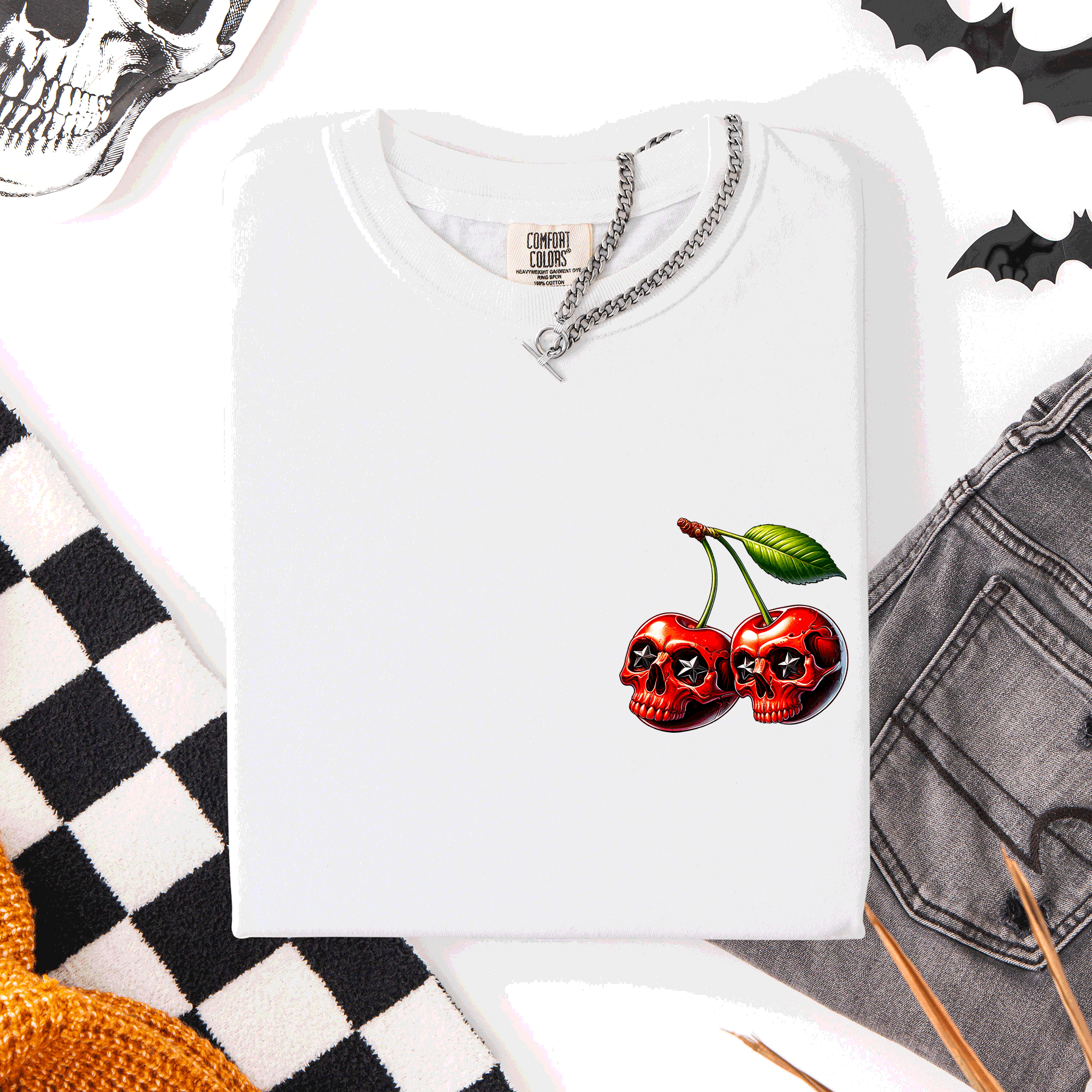 Spooky Skull Cherries Halloween Skeleton Stars Whimsical Night Sky Comfort Colors Tee