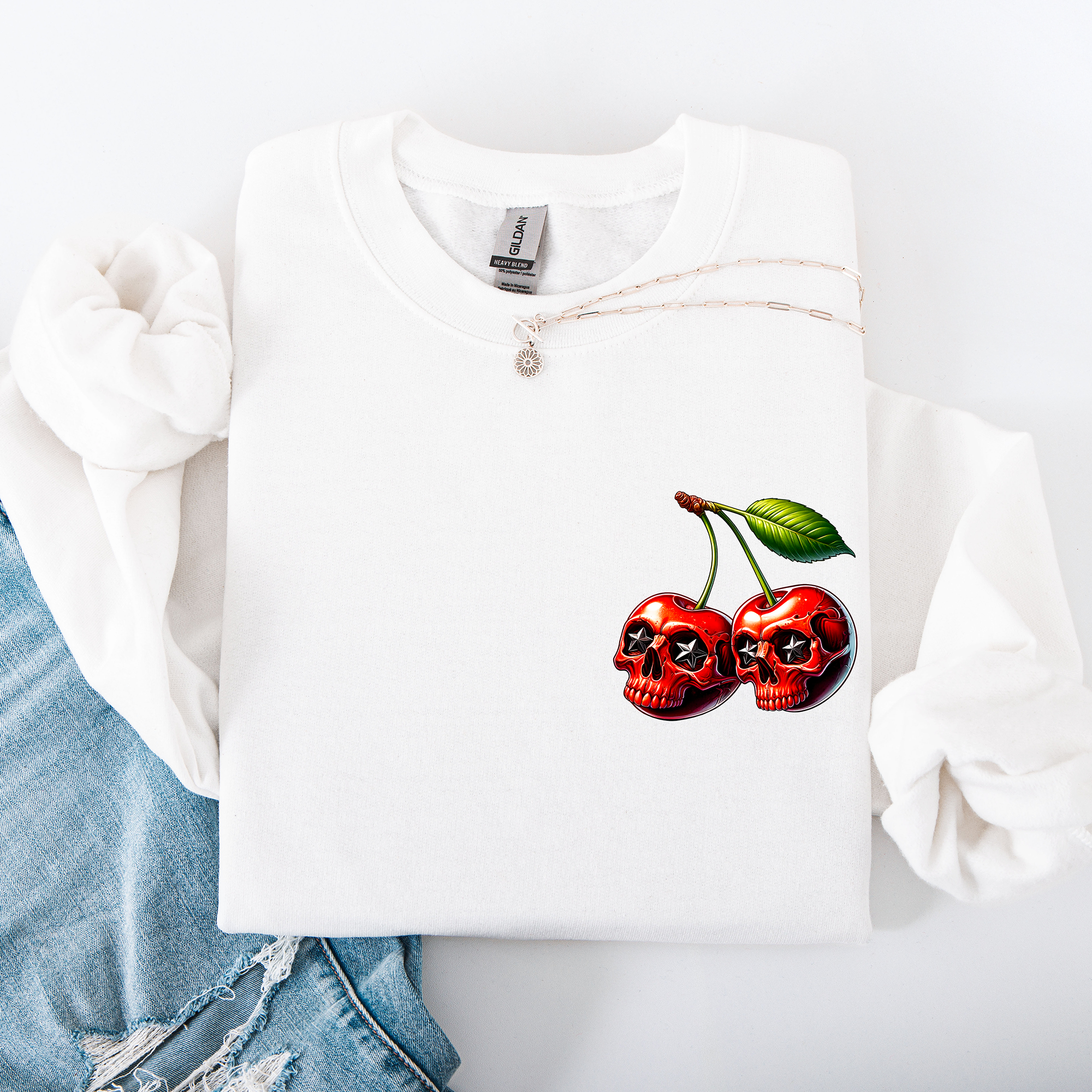 Spooky Skull Cherries Halloween Skeleton Stars Night Sky Ghosts Haunted Festival Scene Sweatshirt