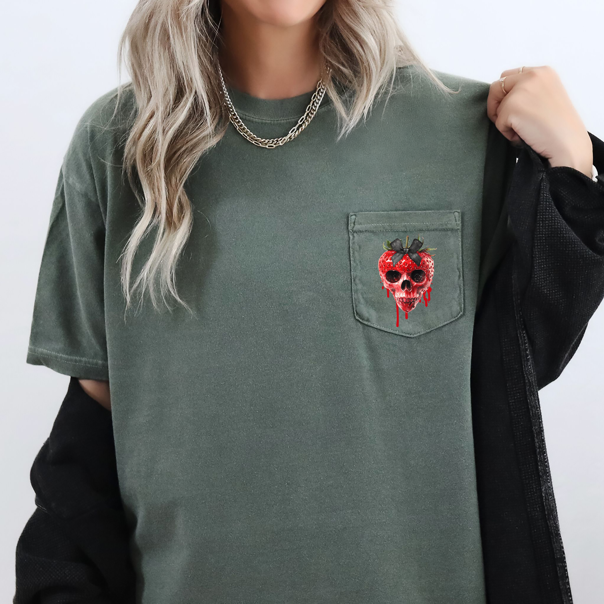 Spooky Strawberry Skeleton Halloween Creepy Juggling Jack-O-Lanterns Comfort Colors Pocket Tee