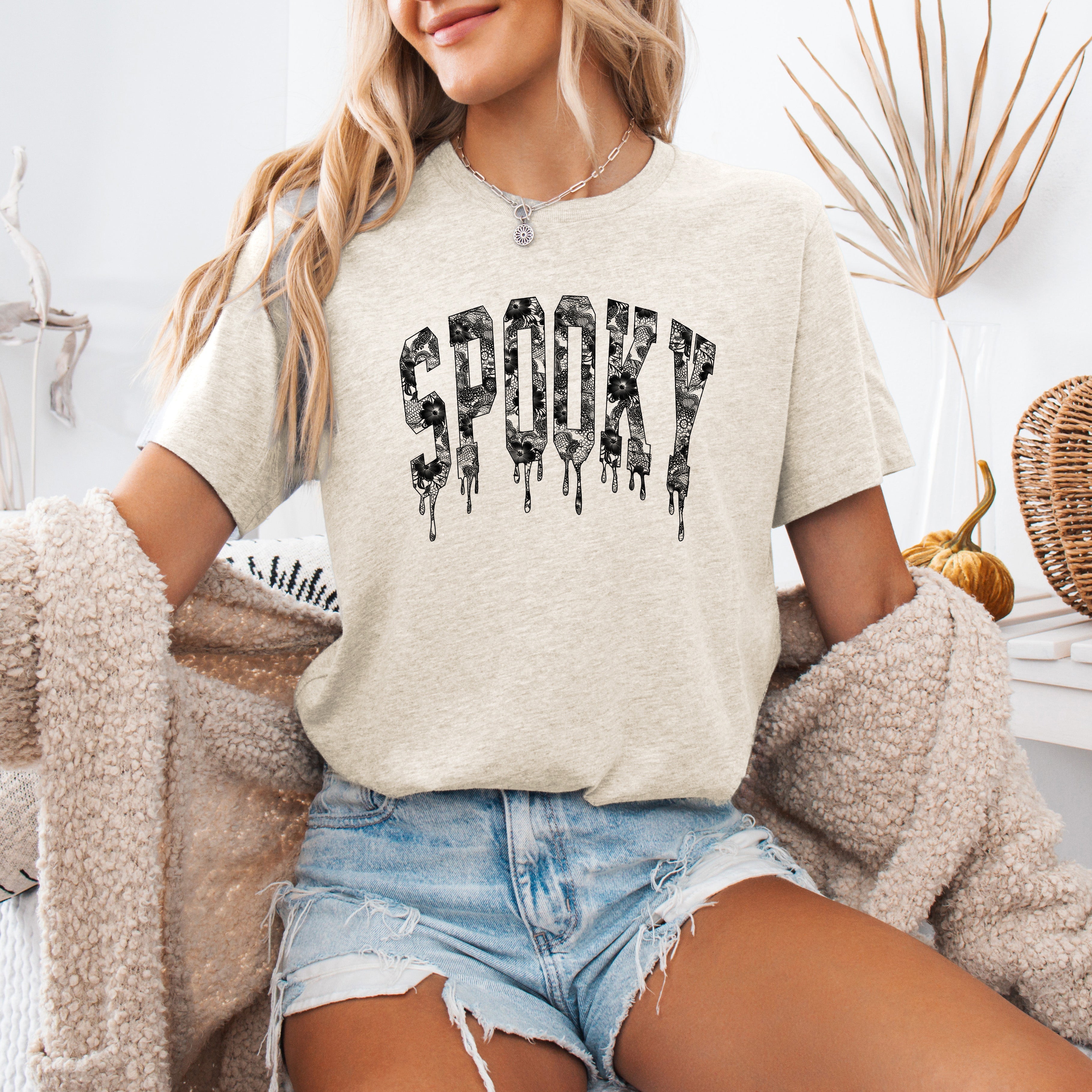 Spooky Faux Lace Halloween Coquette Cats Crescent Moon And Bat Motif Graphic Tee