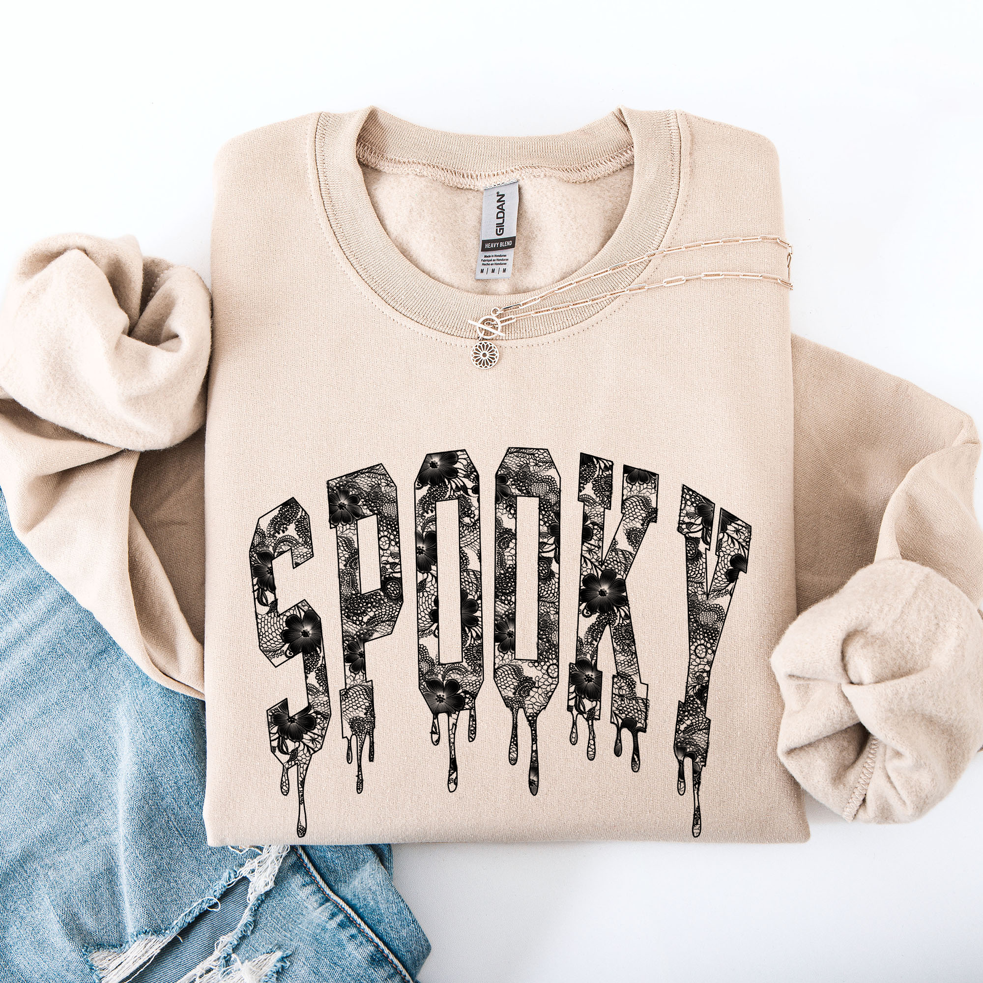 Spooky Faux Lace Halloween Coquette Embellished Vintage Gothic Ornament Sweatshirt