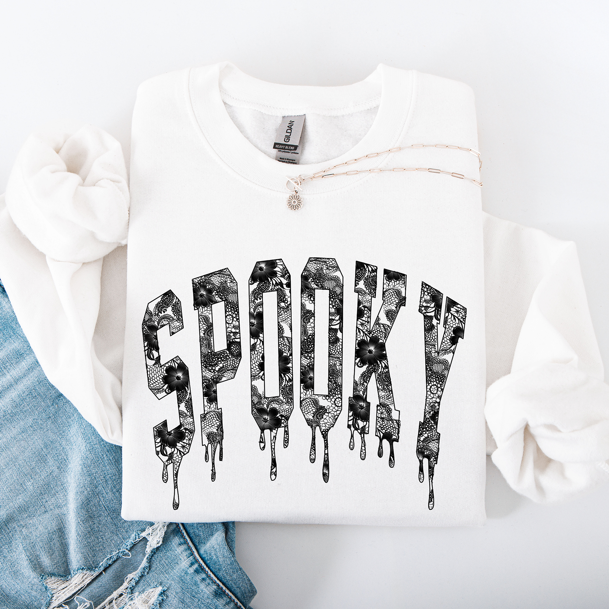 Spooky Faux Lace Halloween Coquette Embellished Vintage Gothic Ornament Sweatshirt