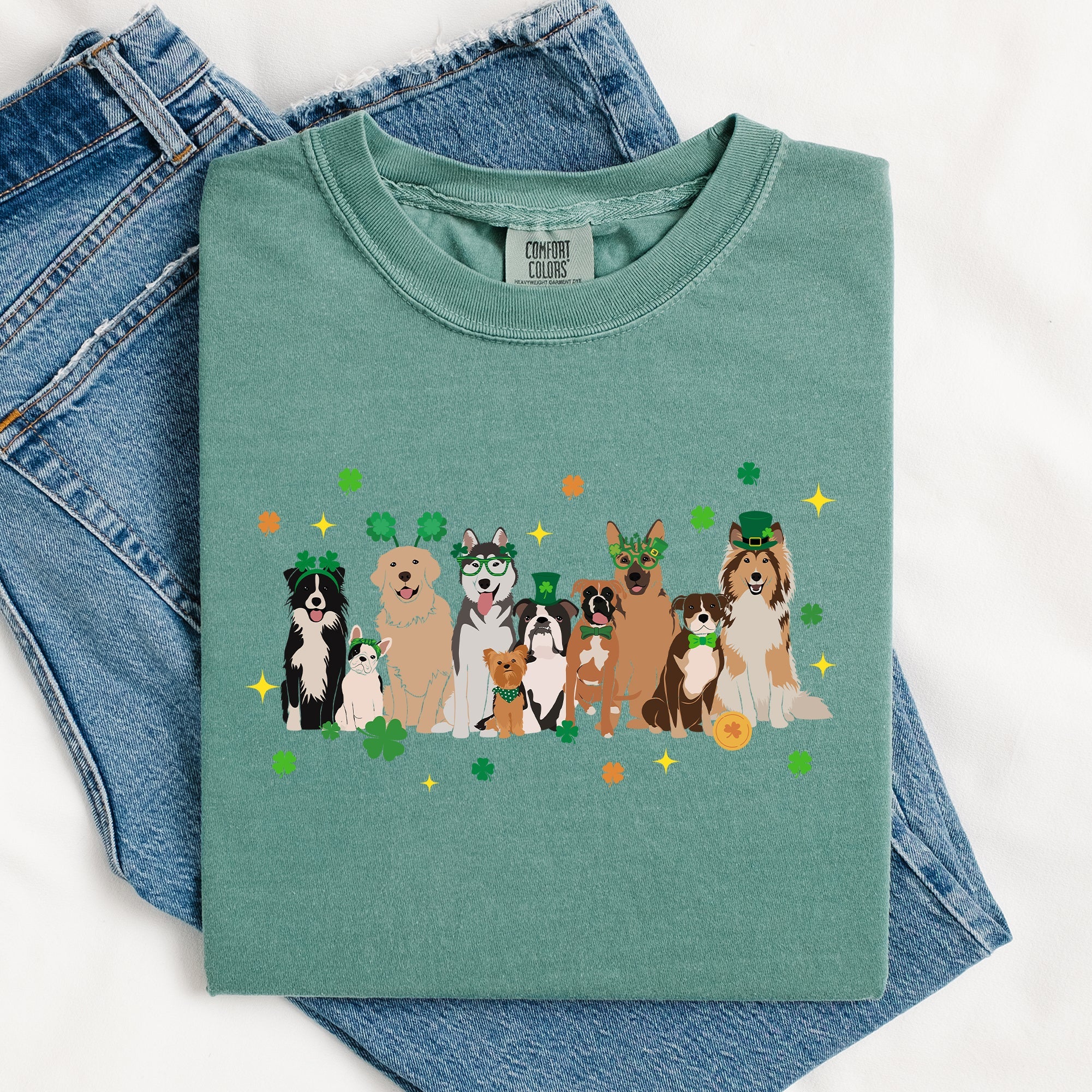 St Patrick's Dogs Shamrock Clover Leprechaun Irish Pride Vintage Inspired Comfort Colors Tee