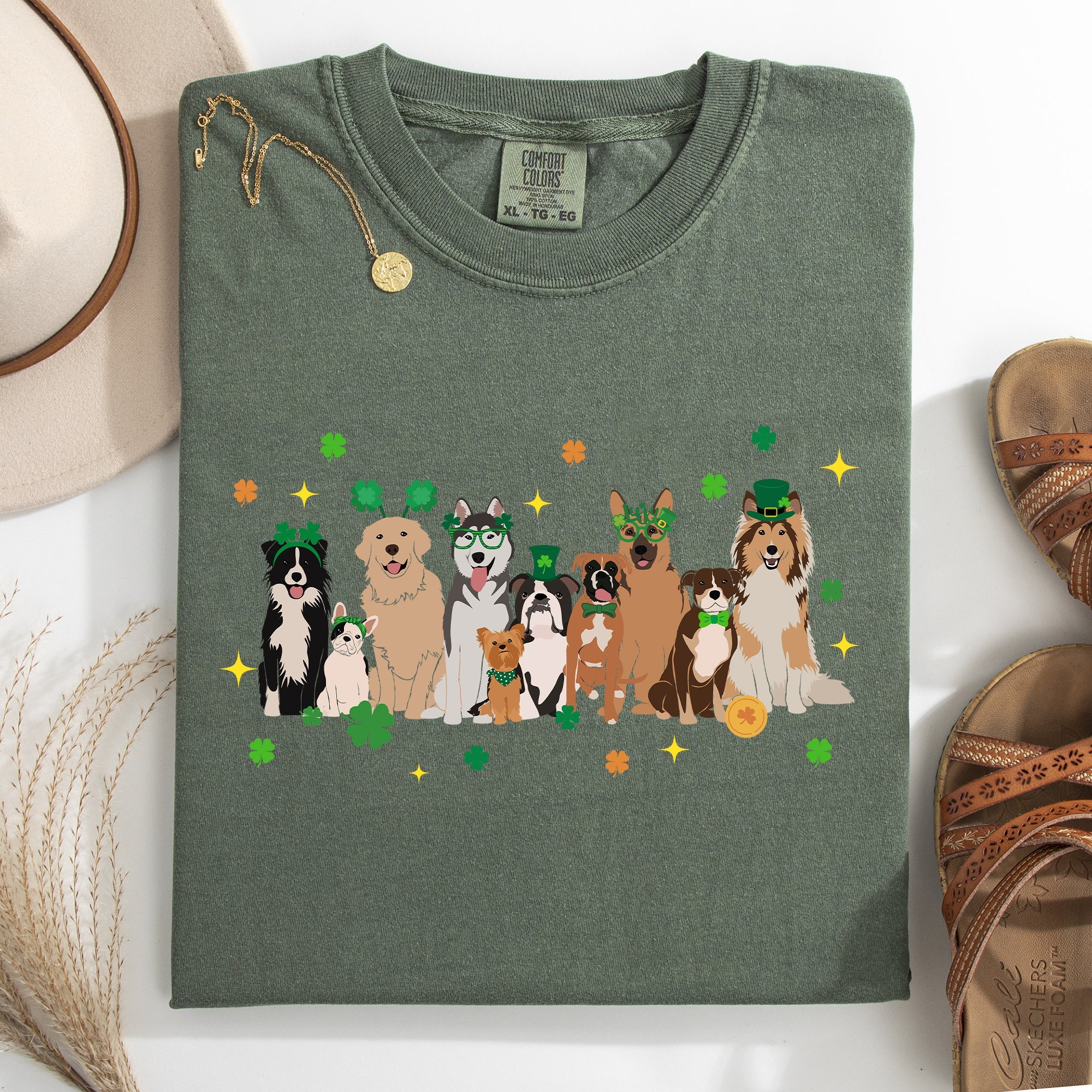 St Patrick's Dogs Shamrock Clover Leprechaun Irish Pride Vintage Inspired Comfort Colors Tee