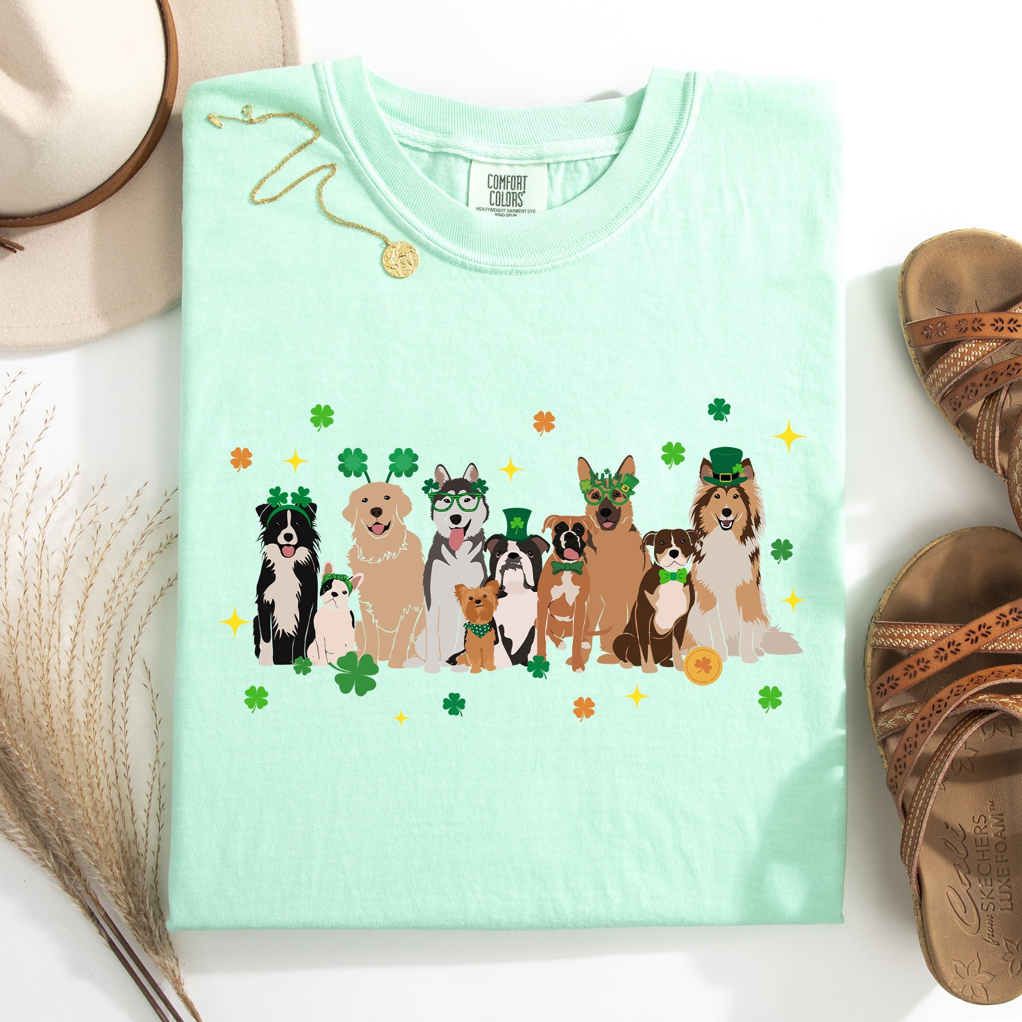 St Patrick's Dogs Shamrock Clover Leprechaun Irish Pride Vintage Inspired Comfort Colors Tee