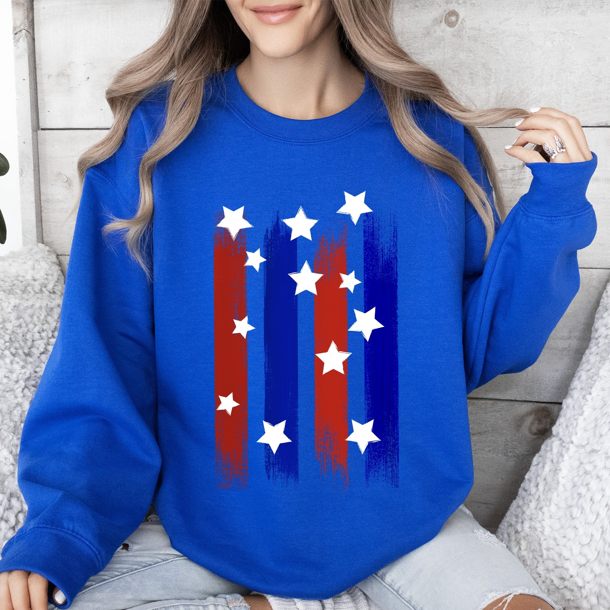 Stars Stripes Red White Blue Patriotic American Flag Theme Emblem Premium Cotton Blend Sweatshirt