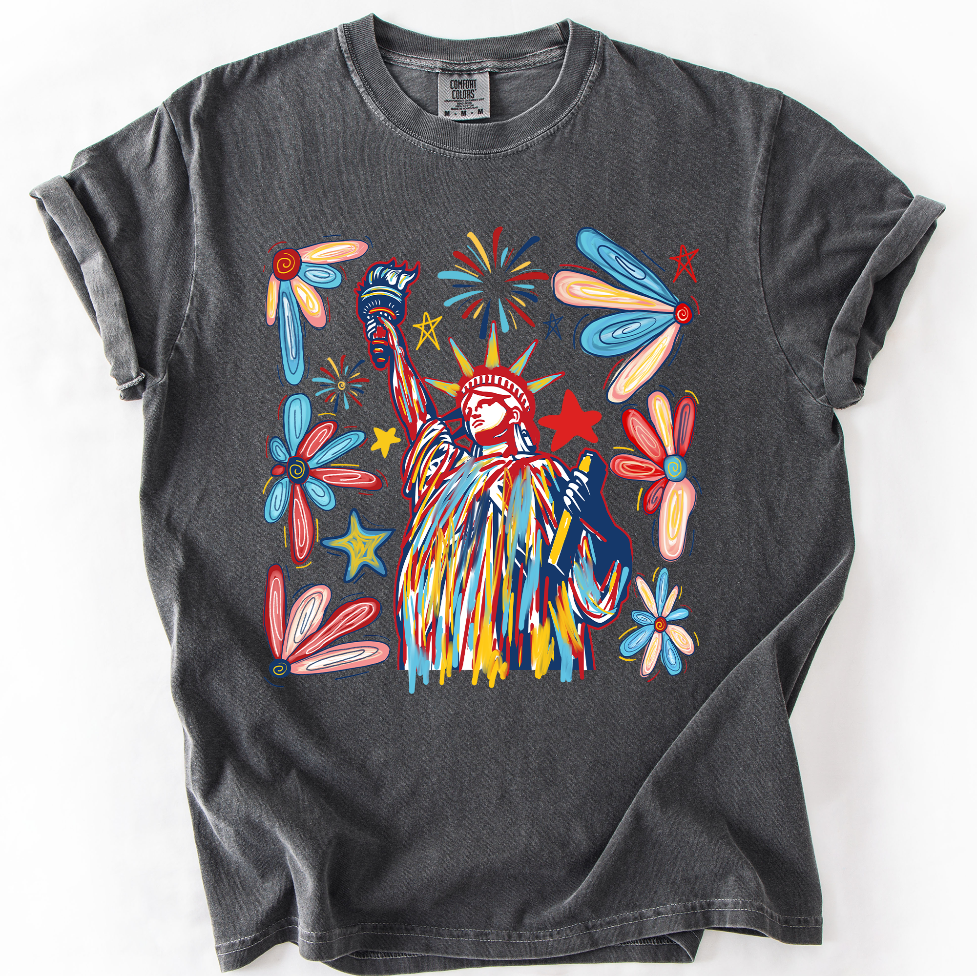 Statue Of Liberty Fourth Of July Patriotic USA Colorful Flag Art Comfort Colors Tee
