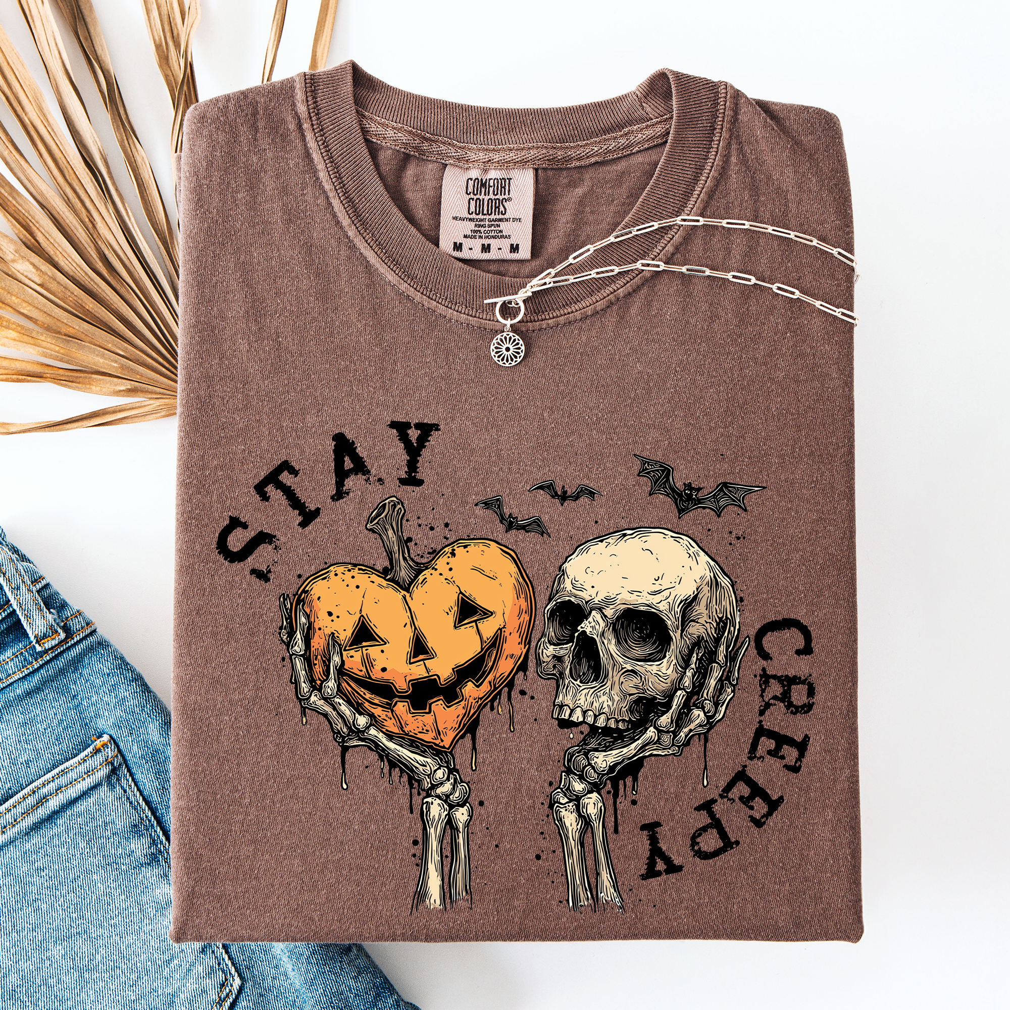 Stay Creepy Halloween Pumpkin Heart Skeleton Bats Leopard Print Checkered Comfort Colors Tee