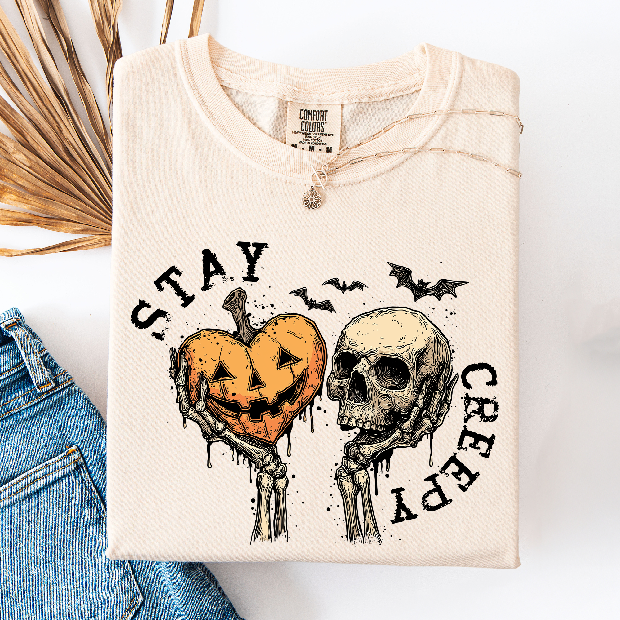 Stay Creepy Halloween Pumpkin Heart Skeleton Bats Leopard Print Checkered Comfort Colors Tee