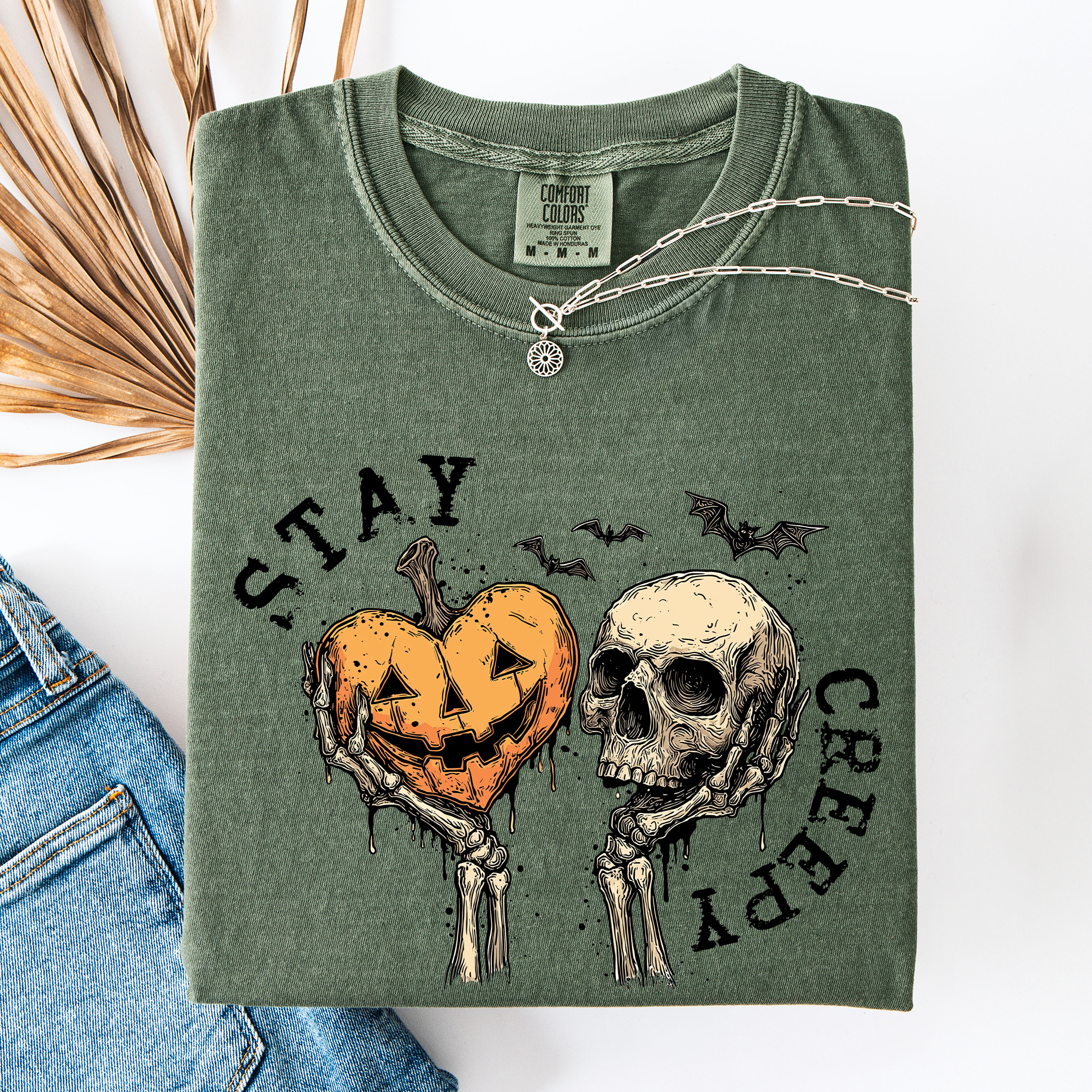 Stay Creepy Halloween Pumpkin Heart Skeleton Bats Leopard Print Checkered Comfort Colors Tee