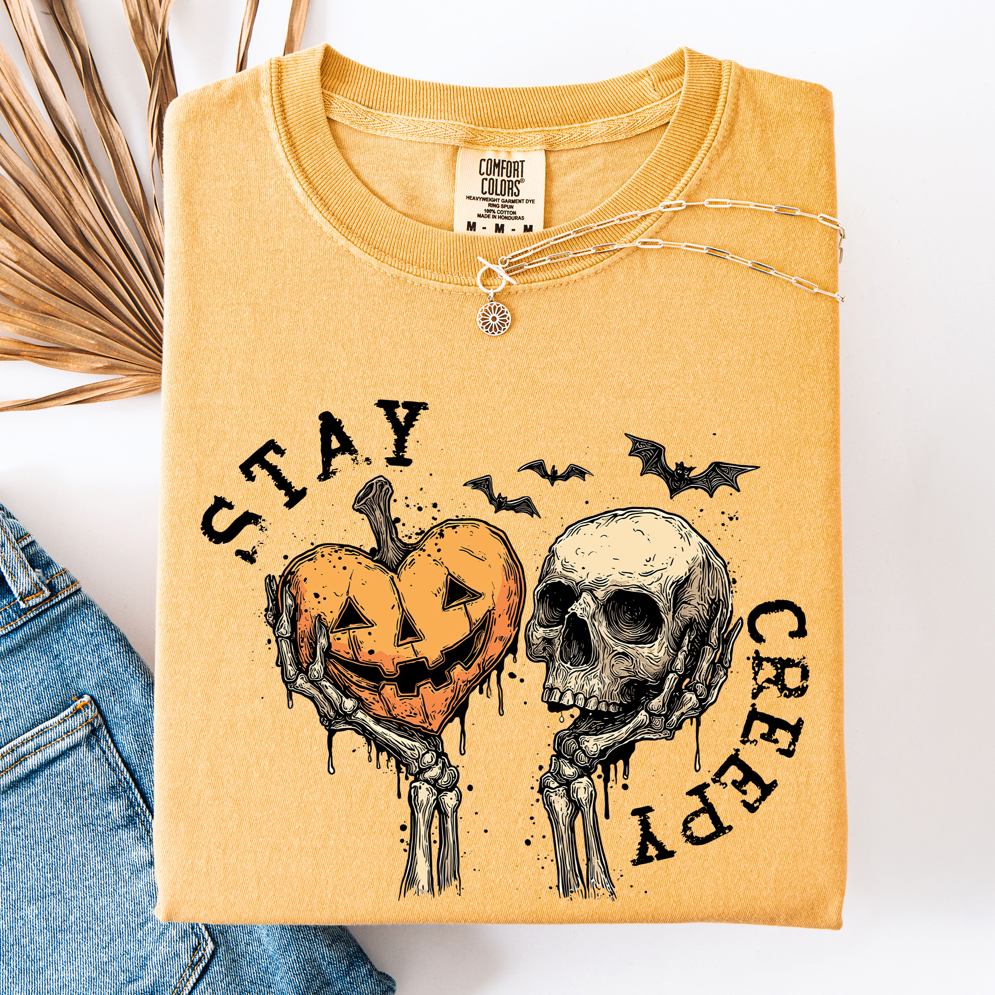Stay Creepy Halloween Pumpkin Heart Skeleton Bats Leopard Print Checkered Comfort Colors Tee