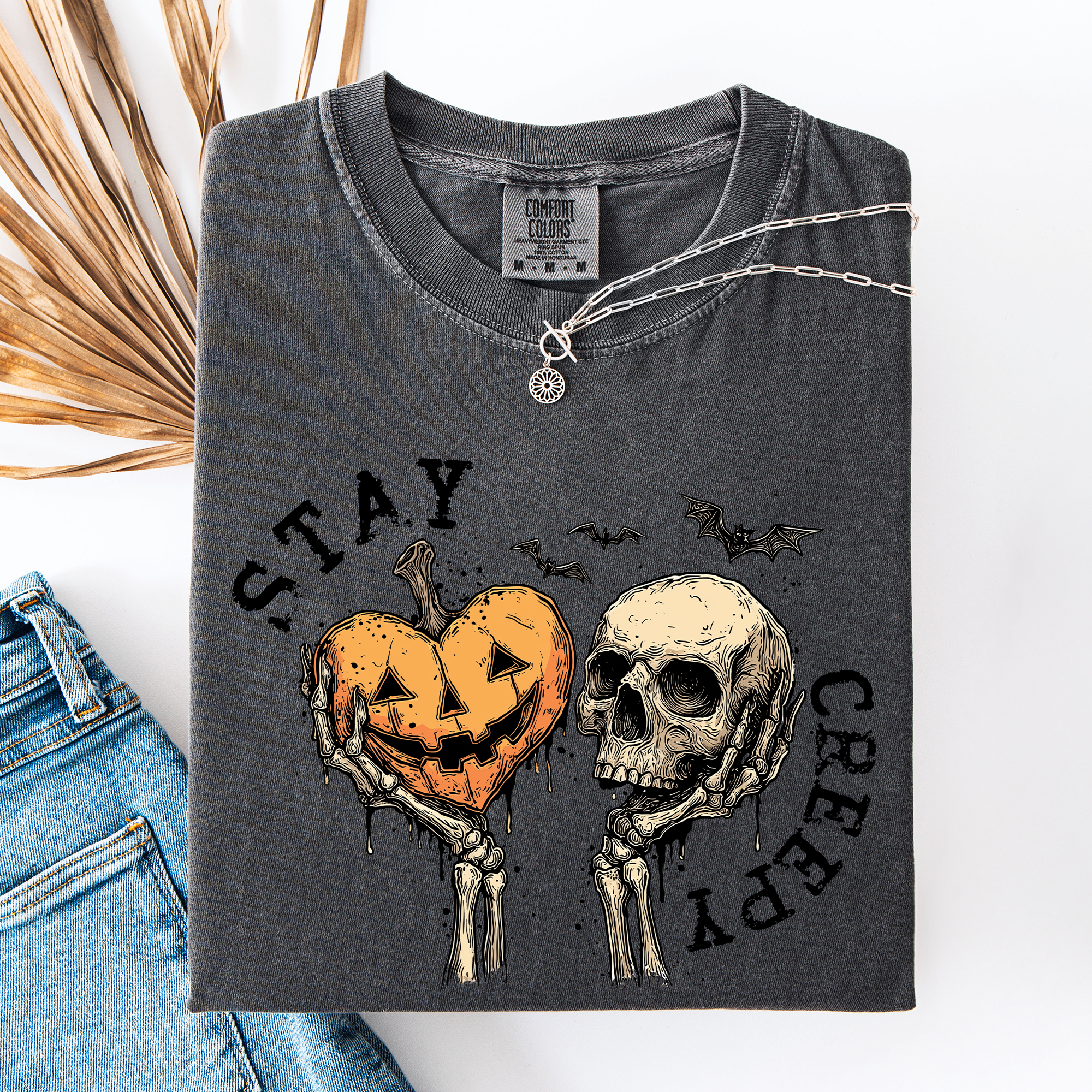Stay Creepy Halloween Pumpkin Heart Skeleton Bats Leopard Print Checkered Comfort Colors Tee