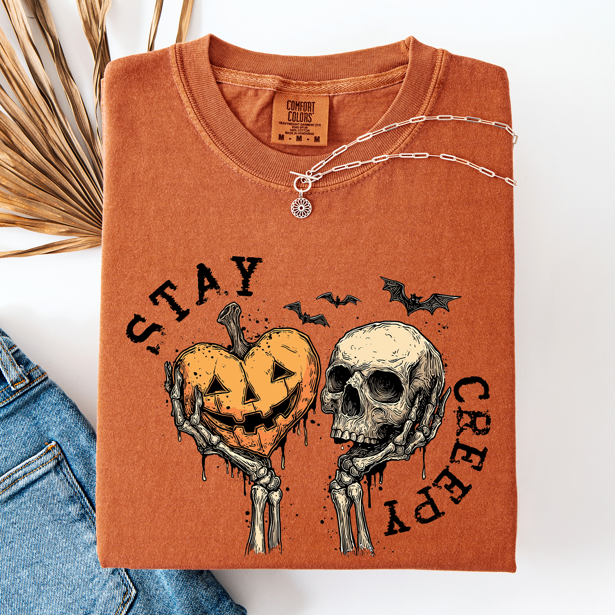 Stay Creepy Halloween Pumpkin Heart Skeleton Bats Leopard Print Checkered Comfort Colors Tee